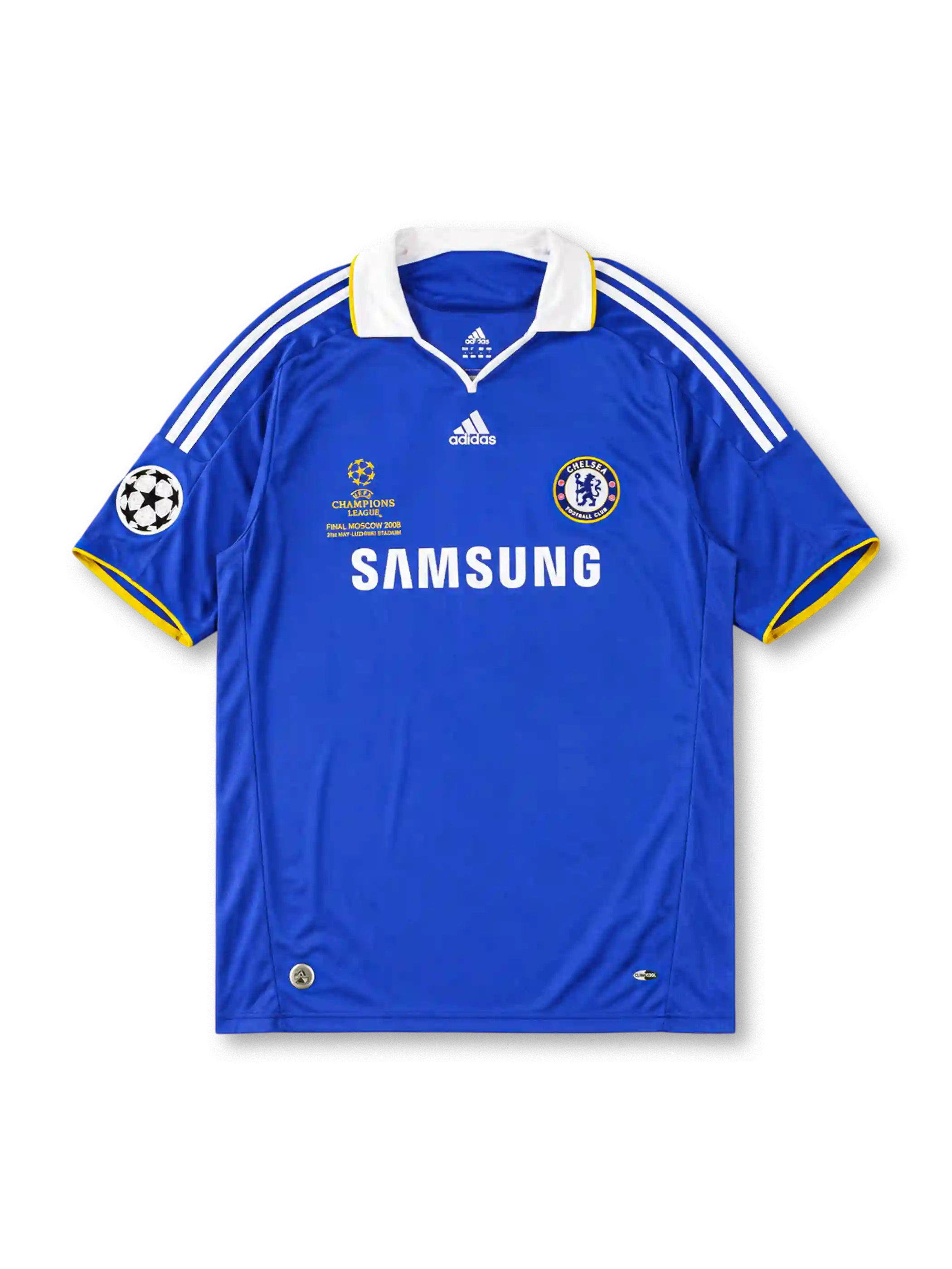 ブルーベースにホワイト襟とイエロー縁取り、両袖にホワイト3本ラインを配し、胸にadidasロゴ、UEFAチャンピオンズリーグ決勝モスクワ2008の大会表記、チェルシーFCのクラブエンブレム、中央にSAMSUNGスポンサーロゴ、左袖にチャンピオンズリーグエンブレムを備えたチェルシー2007-08チャンピオンズリーグ決勝記念ジャージ正面