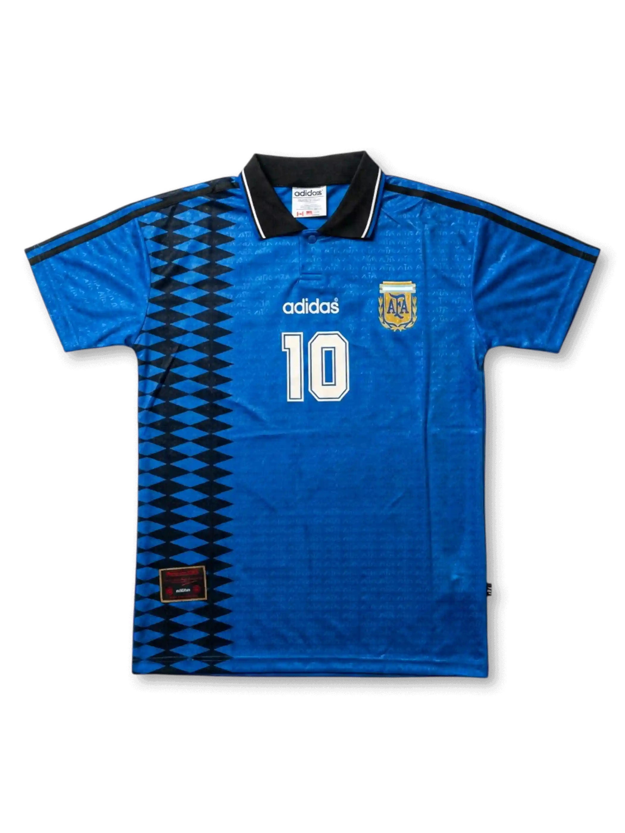 アルゼンチン代表 1994年W杯 アウェイジャージ 前面 — ロイヤルブルー×黒ダイヤモンド柄×AFAエンブレム×10番