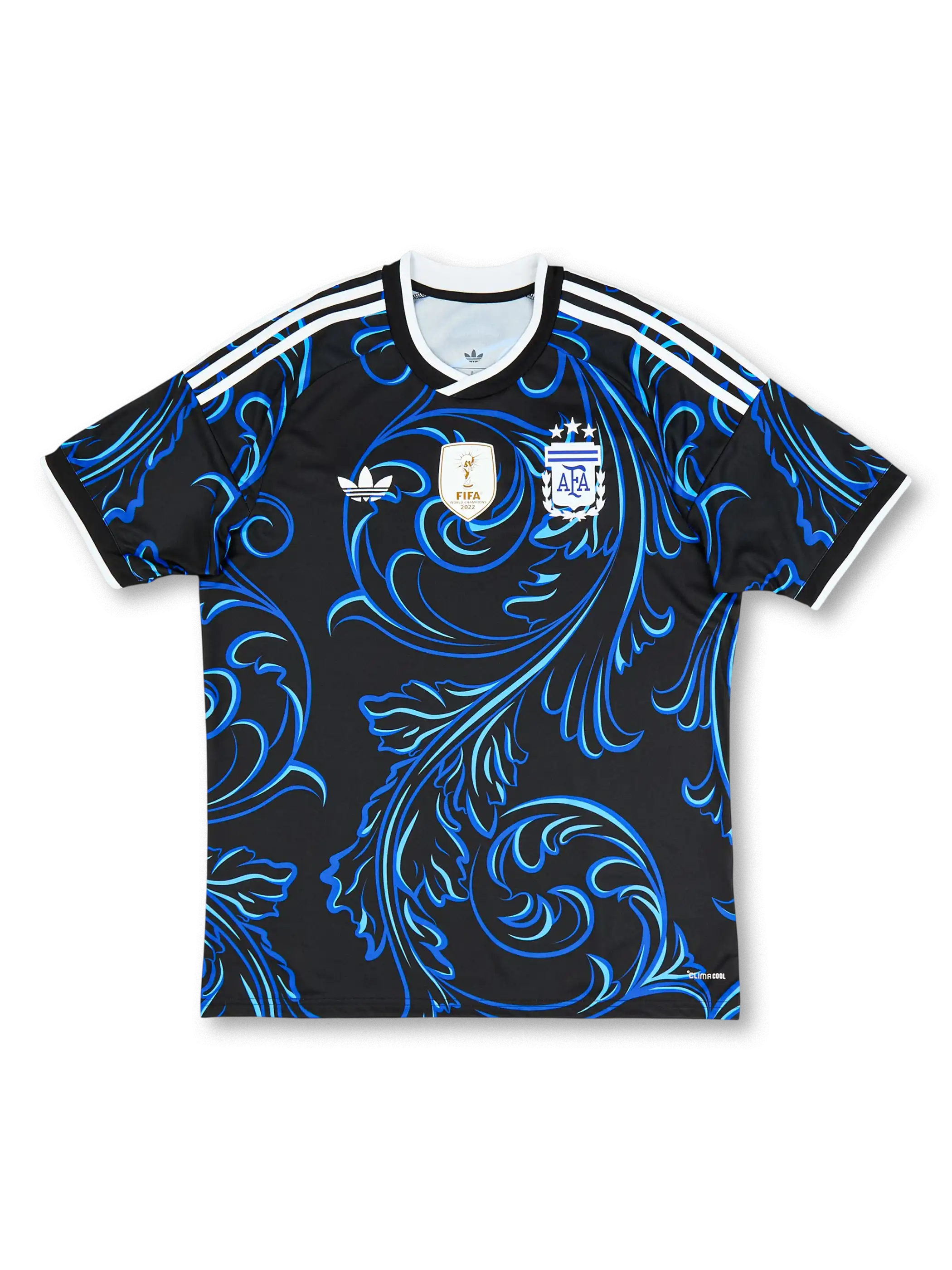アルゼンチン代表 2026/27 アウェイジャージ Originalsトレフォイルエディション FIFA World Champions 2022パッチ レプリカ 正面 — ブラック×ブルーバロック唐草、ゴールドW杯パッチ、トレフォイルロゴ、3つ星AFAエンブレム