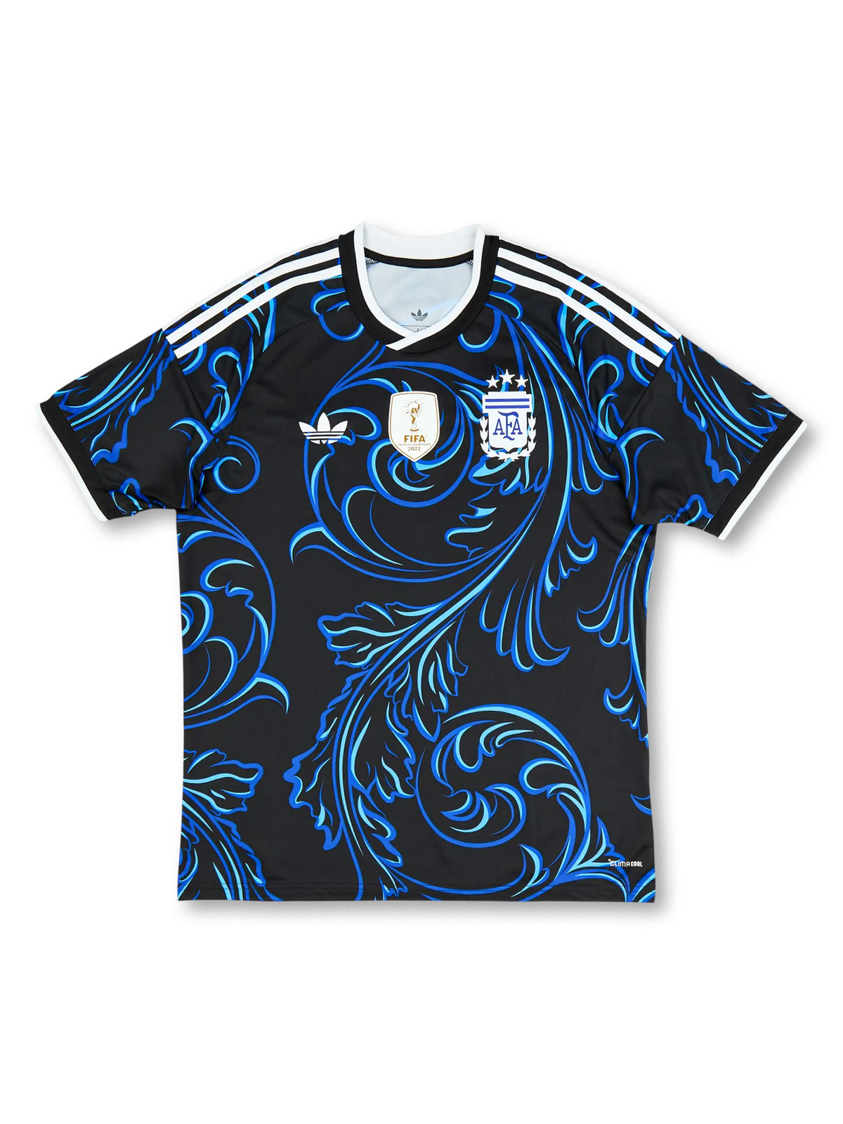 アルゼンチン代表 2026/27 アウェイジャージ Originalsトレフォイルエディション FIFA World Champions 2022パッチ レプリカ 正面 — ブラック×ブルーバロック唐草、ゴールドW杯パッチ、トレフォイルロゴ、3つ星AFAエンブレム