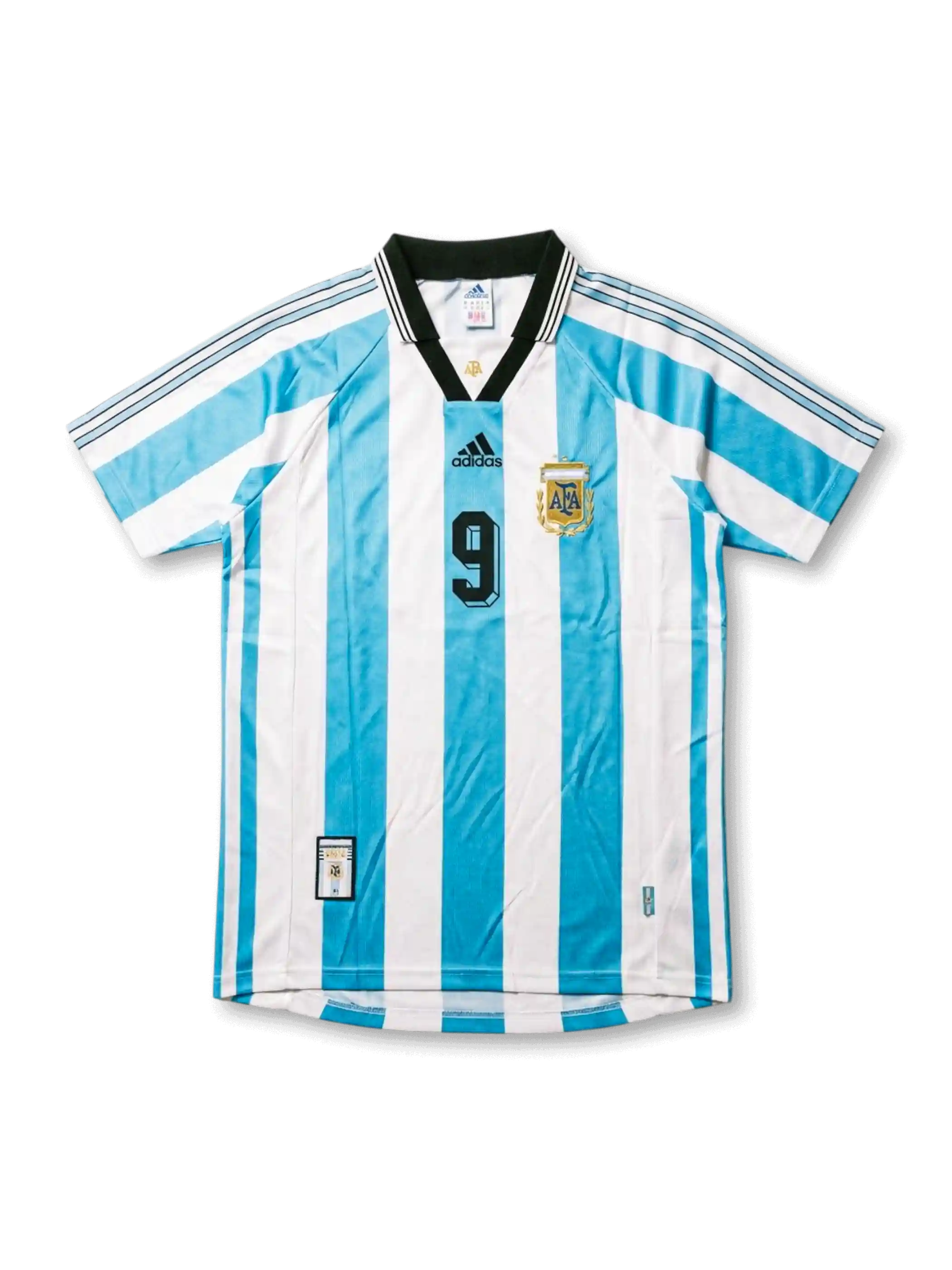 アルゼンチン代表 1998年W杯 ホームジャージ 前面 — スカイブルー×白縦ストライプ×二星AFAエンブレム×黒9番