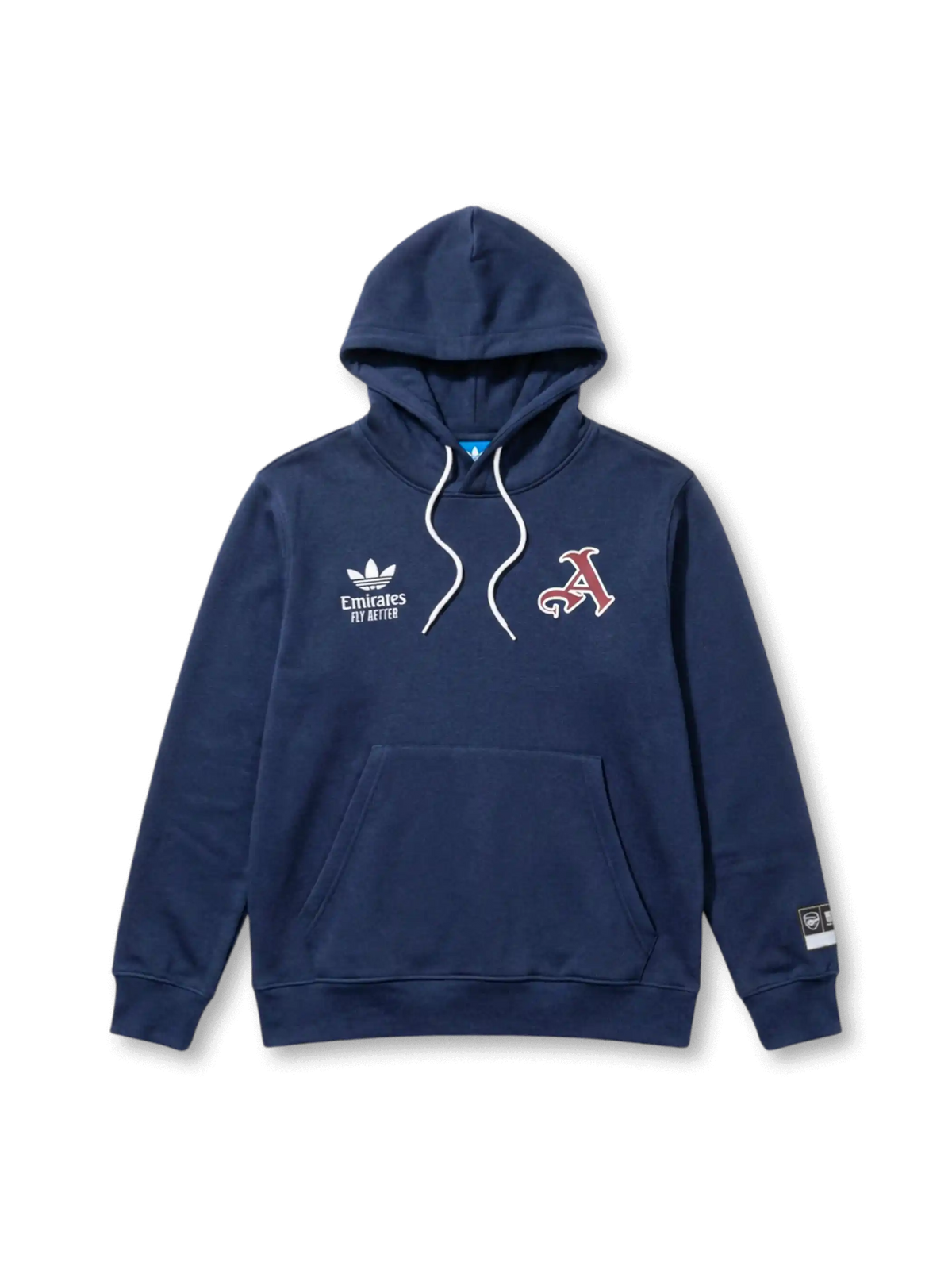 アーセナル × adidas Originals × Emirates カレッジエイトフーディー ネイビー 前面 — ガーネットの小型「A」刺繍とEmiratesロゴを配した三者構成コラボモデル