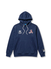 アーセナル × adidas Originals × Emirates カレッジエイトフーディー ネイビー 前面 — ガーネットの小型「A」刺繍とEmiratesロゴを配した三者構成コラボモデル