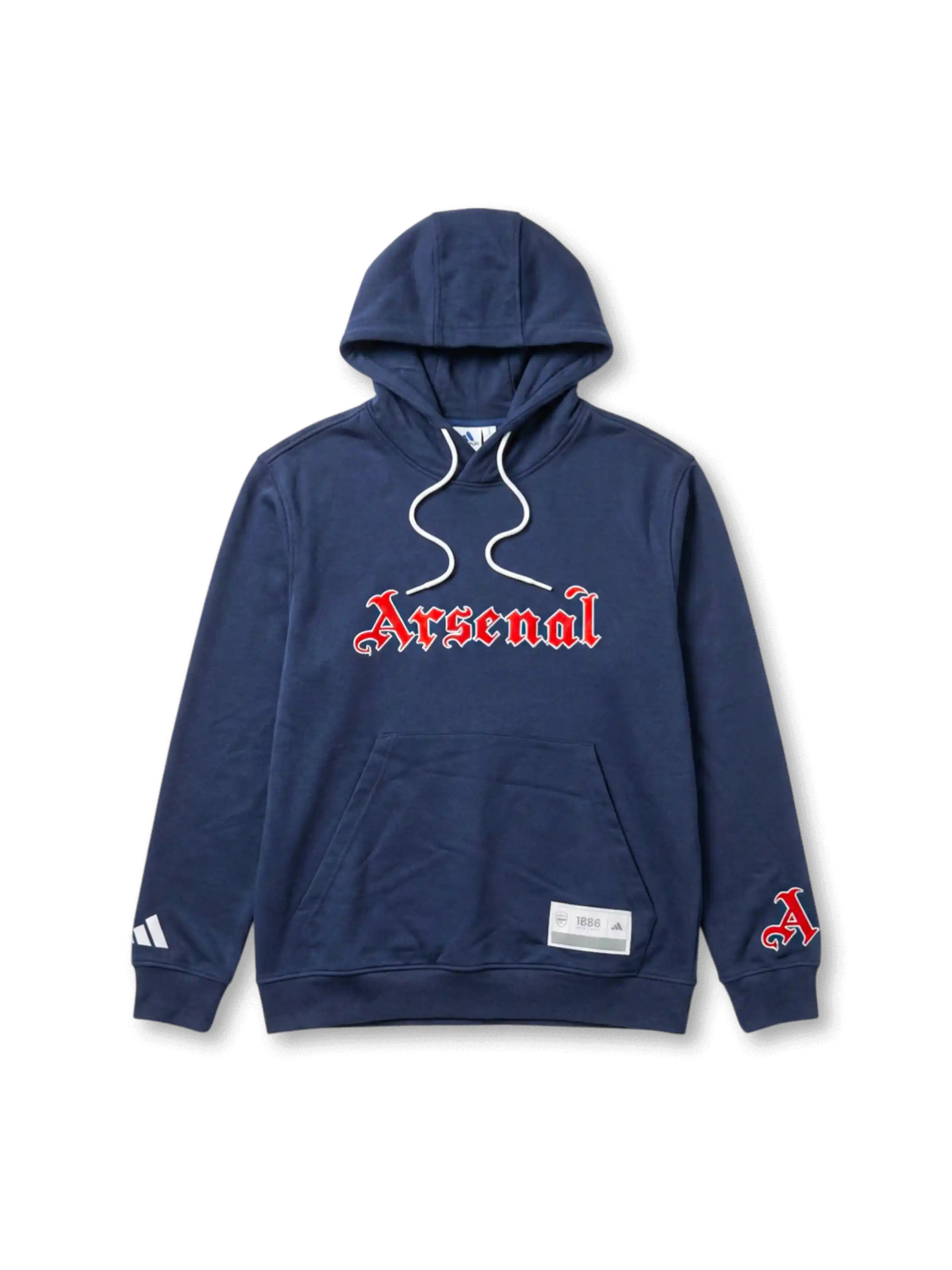 アーセナル adidas Originals ゴシック体レタリングフーディー ネイビー — 大型「Arsenal」ゴシック体レタリングと1886ヘリテージラベルを配した復刻ライフスタイルライン
