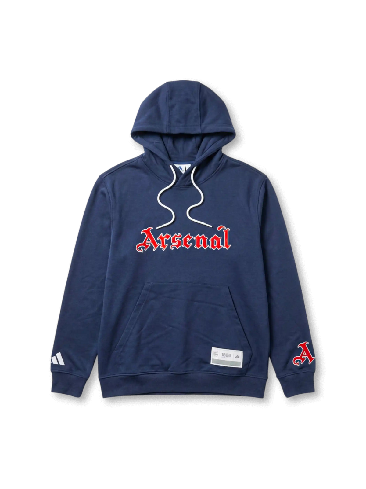 アーセナル adidas Originals ゴシック体レタリングフーディー ネイビー — 大型「Arsenal」ゴシック体レタリングと1886ヘリテージラベルを配した復刻ライフスタイルライン
