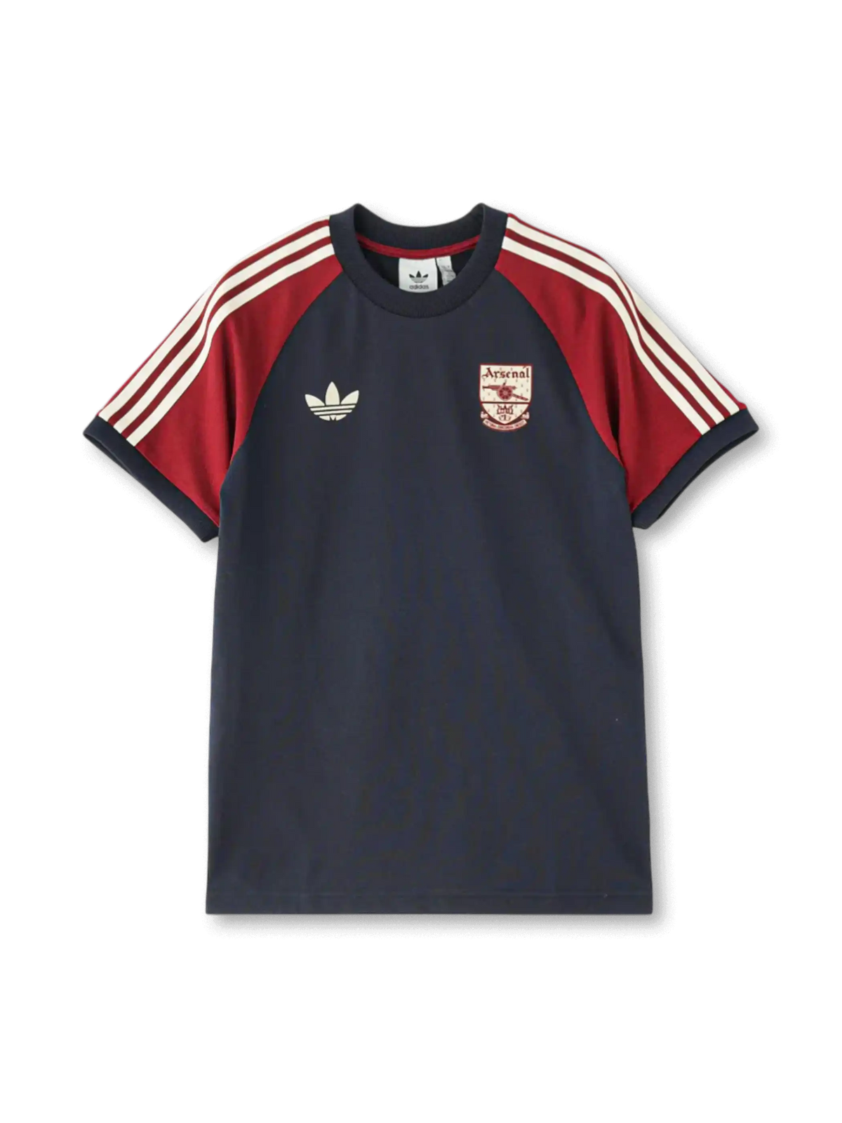 アーセナル×adidas Originals復刻ラグランライフスタイルTシャツ正面、ネイビー×レッドラグランスリーブ・クリームホワイト3本ストライプ・ヴィンテージArsenalエンブレム・背面ゴシック体テキスト