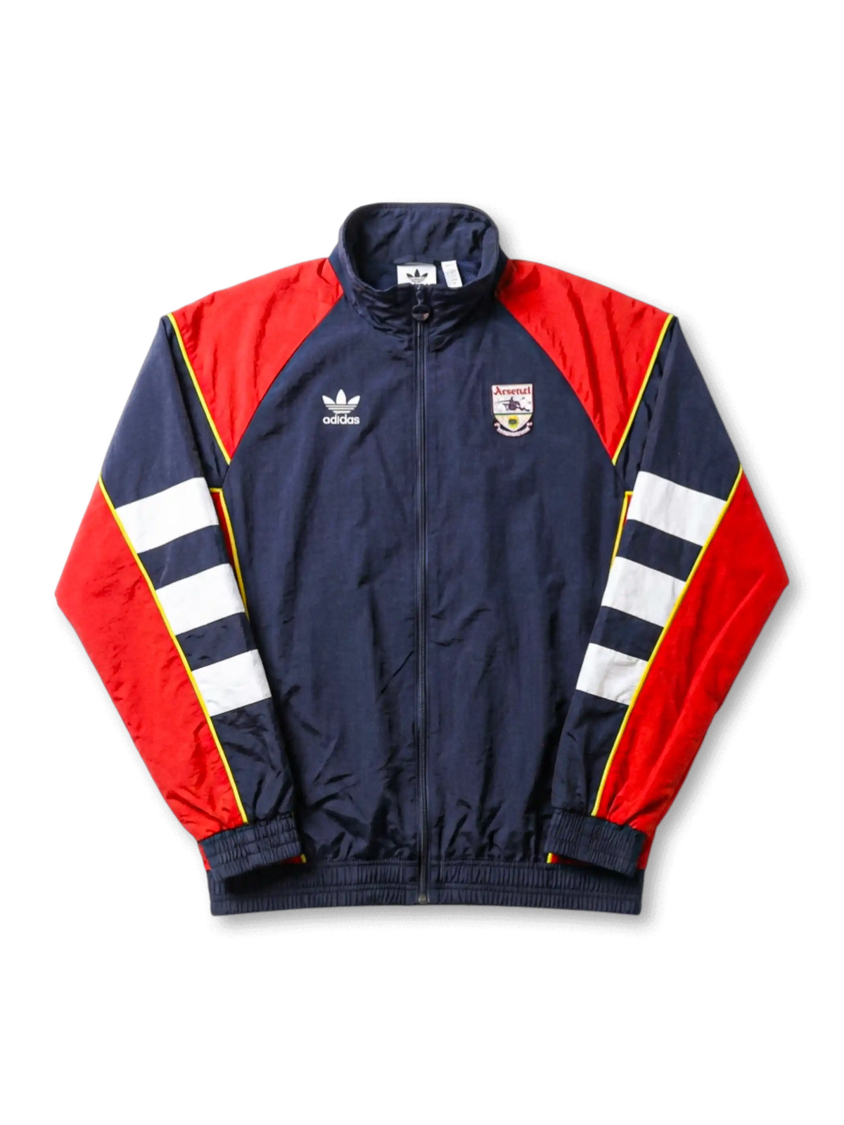 アーセナル adidas Originals 復刻トラックジャケット ネイビー/レッド — レッド肩パネルとホワイト・イエロー袖ストライプ、ヴィンテージ盾形エンブレムを配した復刻ライフスタイルライン