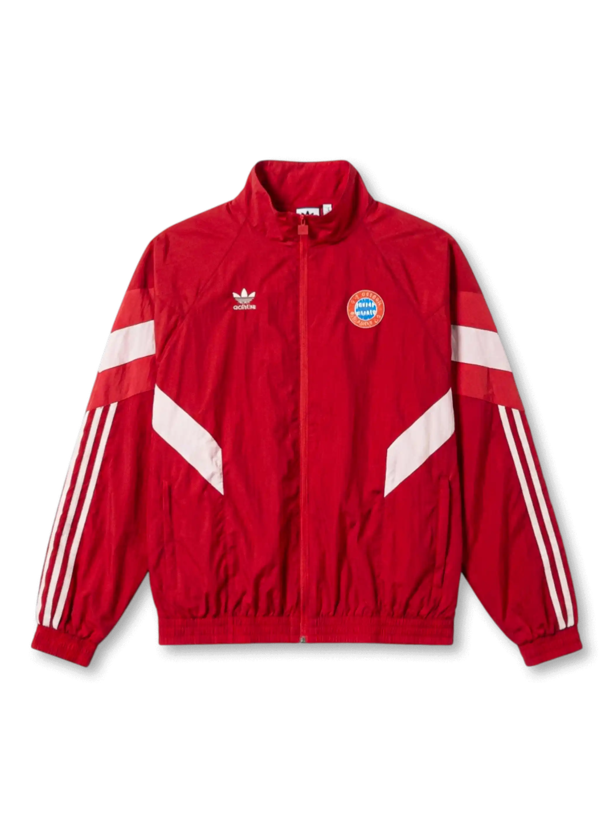 バイエルン・ミュンヘン adidas Originals 復刻トラックジャケット レッド — ホワイトシェブロンパネルと3ストライプ、ヴィンテージ円形エンブレムを配した復刻ライフスタイルライン