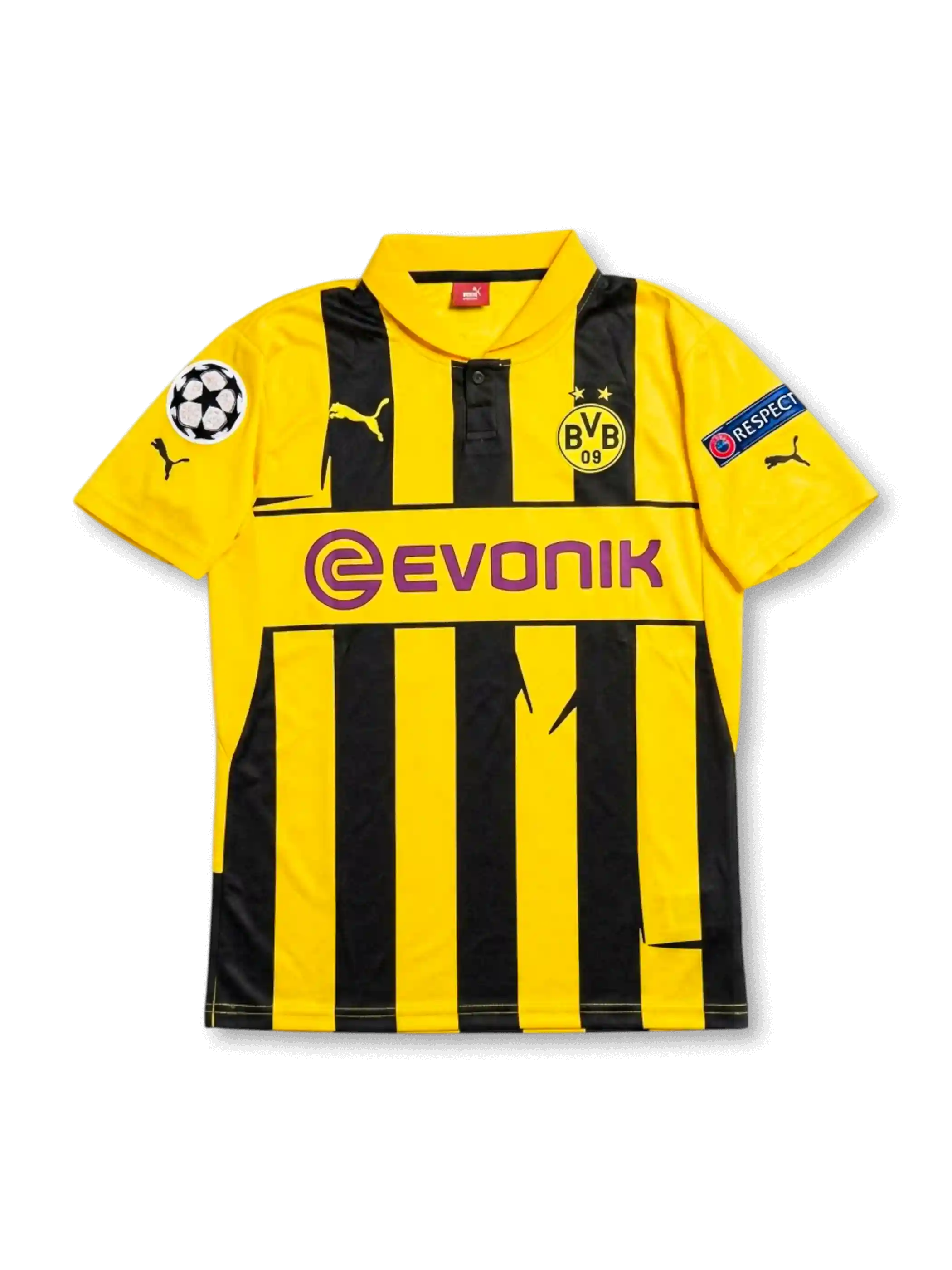 ボルシア・ドルトムント 2012-13 ホーム UEFAチャンピオンズリーグ仕様 ロイス11番 フロント（黄黒シュヴァルツゲルプ縦ストライプ＋Evonik＋PUMAジャンピング・パンサー＋BVBクラブエンブレム＋UCLスターボールパッチ＋UEFA RESPECT）