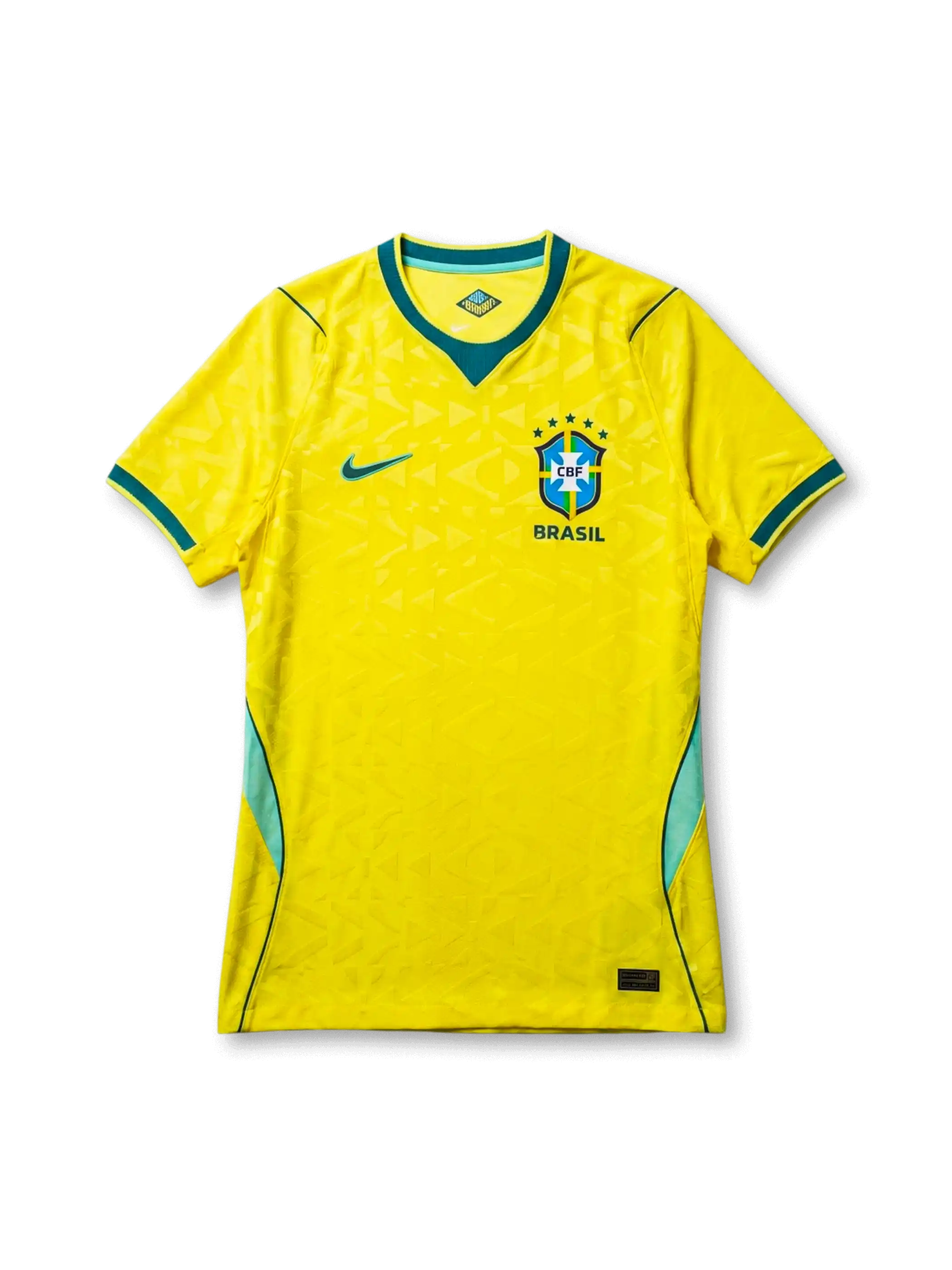 ブラジル代表 2026 ホームジャージ Authentic 正面 — カナリアイエロー×幾何学ジャカード、ターコイズパネル、5つ星CBFエンブレム