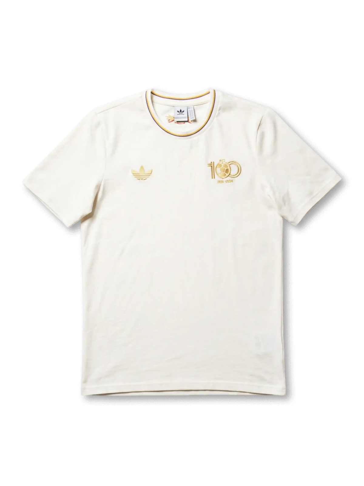 コロンビア代表×adidas Originals FCF100周年スペシャルエディション正面、クリームホワイト×ゴールド100周年記念ロゴ・トリコロールカラーリブ・背面双翼ラベル