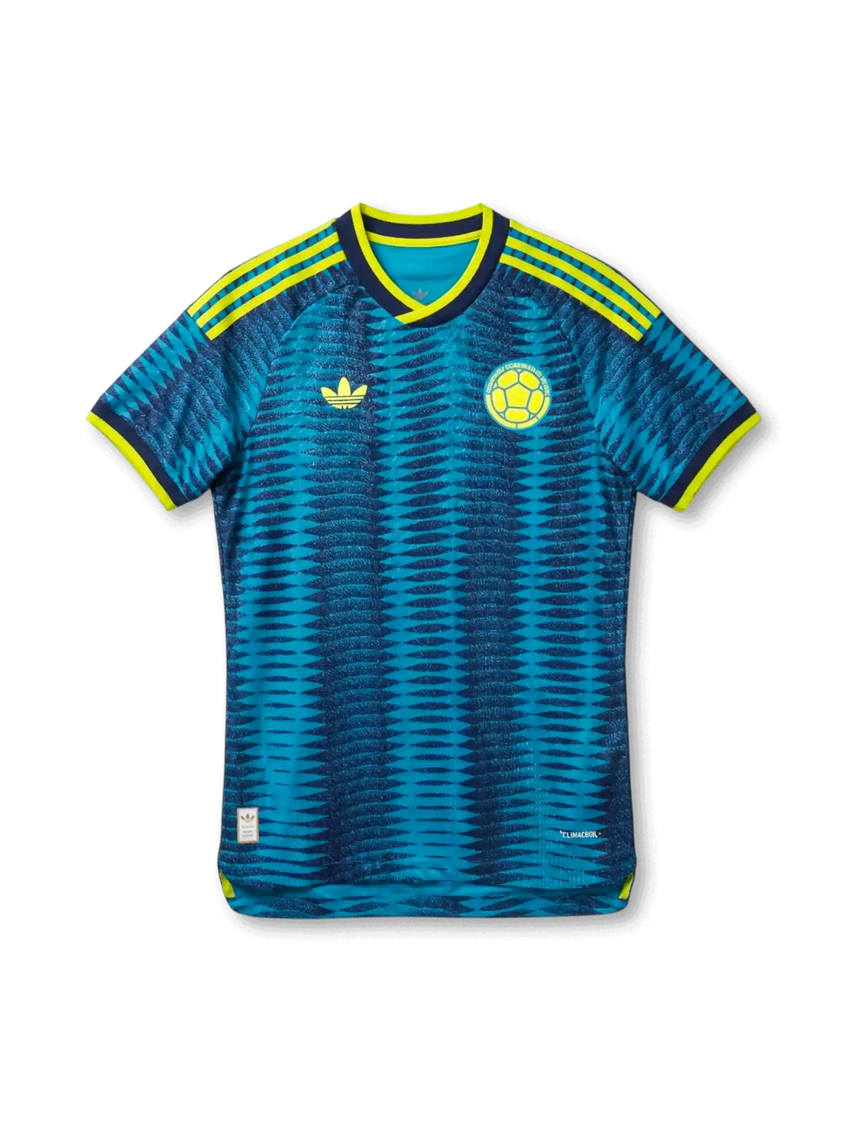 コロンビア代表 2026 FIFAワールドカップ アウェイ Authentic フロント（ティール地ダイヤモンドジャカード＋ネオンイエロー3ストライプ肩＋ネイビー×ネオンイエロー2トーンリブ＋FCFサッカーボールエンブレム＋adidas Originalsトレフォイル）