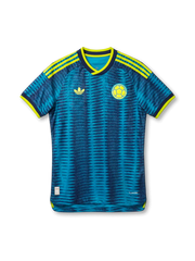 コロンビア代表 2026 FIFAワールドカップ アウェイ Authentic フロント（ティール地ダイヤモンドジャカード＋ネオンイエロー3ストライプ肩＋ネイビー×ネオンイエロー2トーンリブ＋FCFサッカーボールエンブレム＋adidas Originalsトレフォイル）