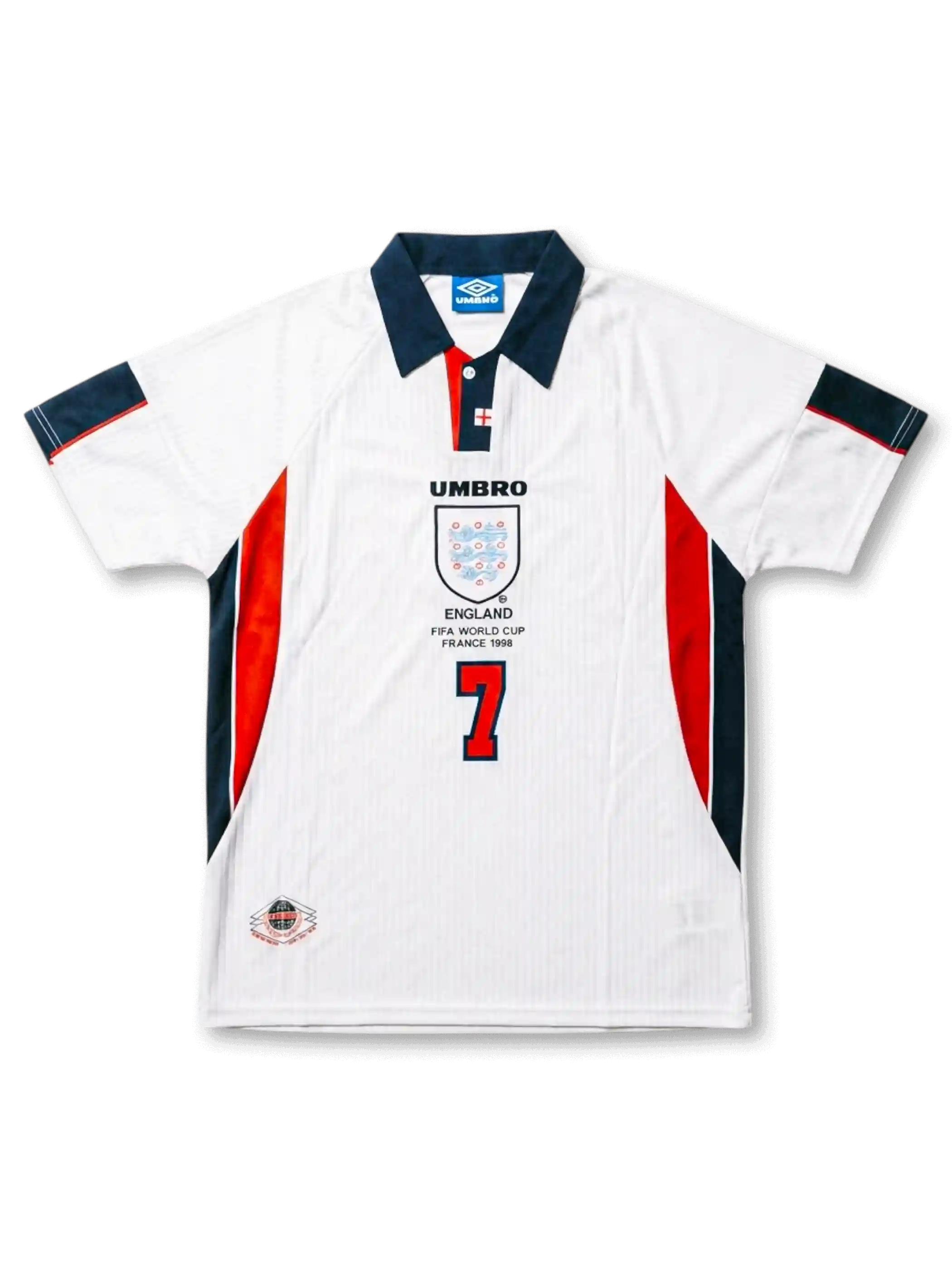 イングランド代表 1998年W杯 ホームジャージ 背面 — BECKHAM 7番×UMBROネックタグ×ネイビー袖パネル