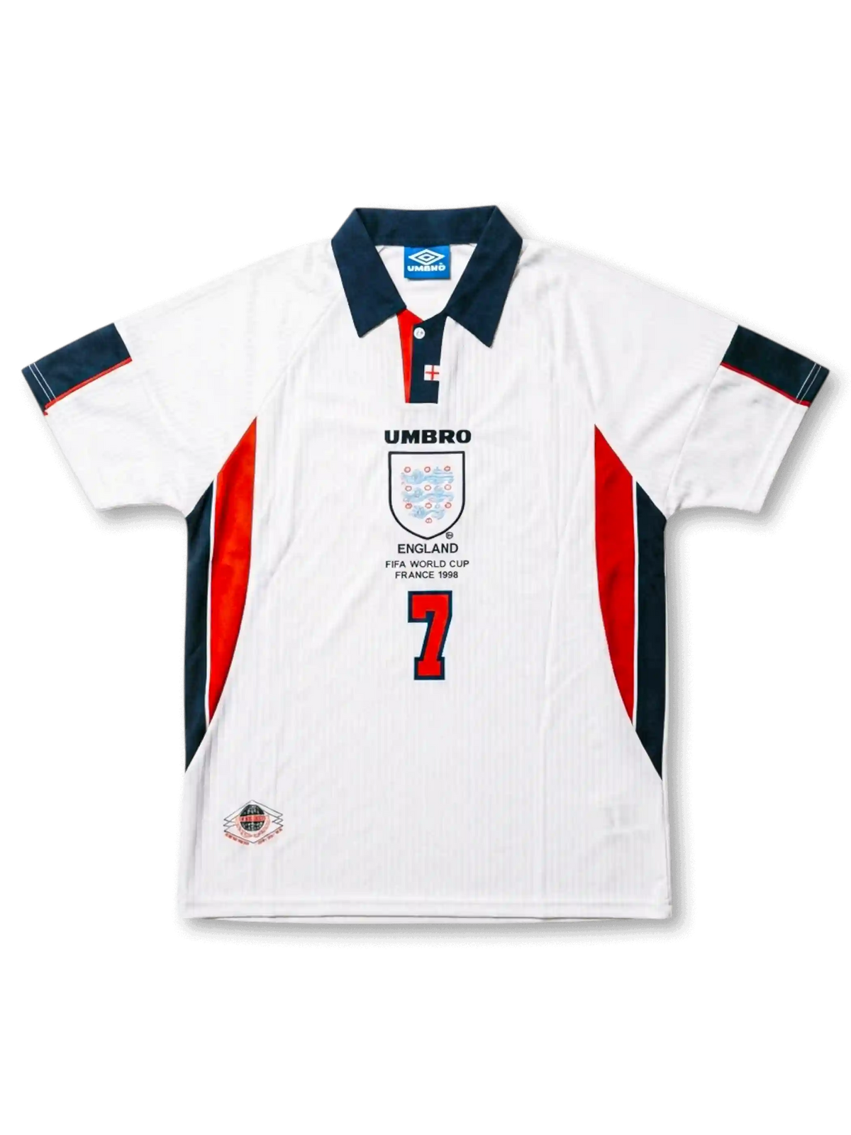 イングランド代表 1998年W杯 ホームジャージ 背面 — BECKHAM 7番×UMBROネックタグ×ネイビー袖パネル