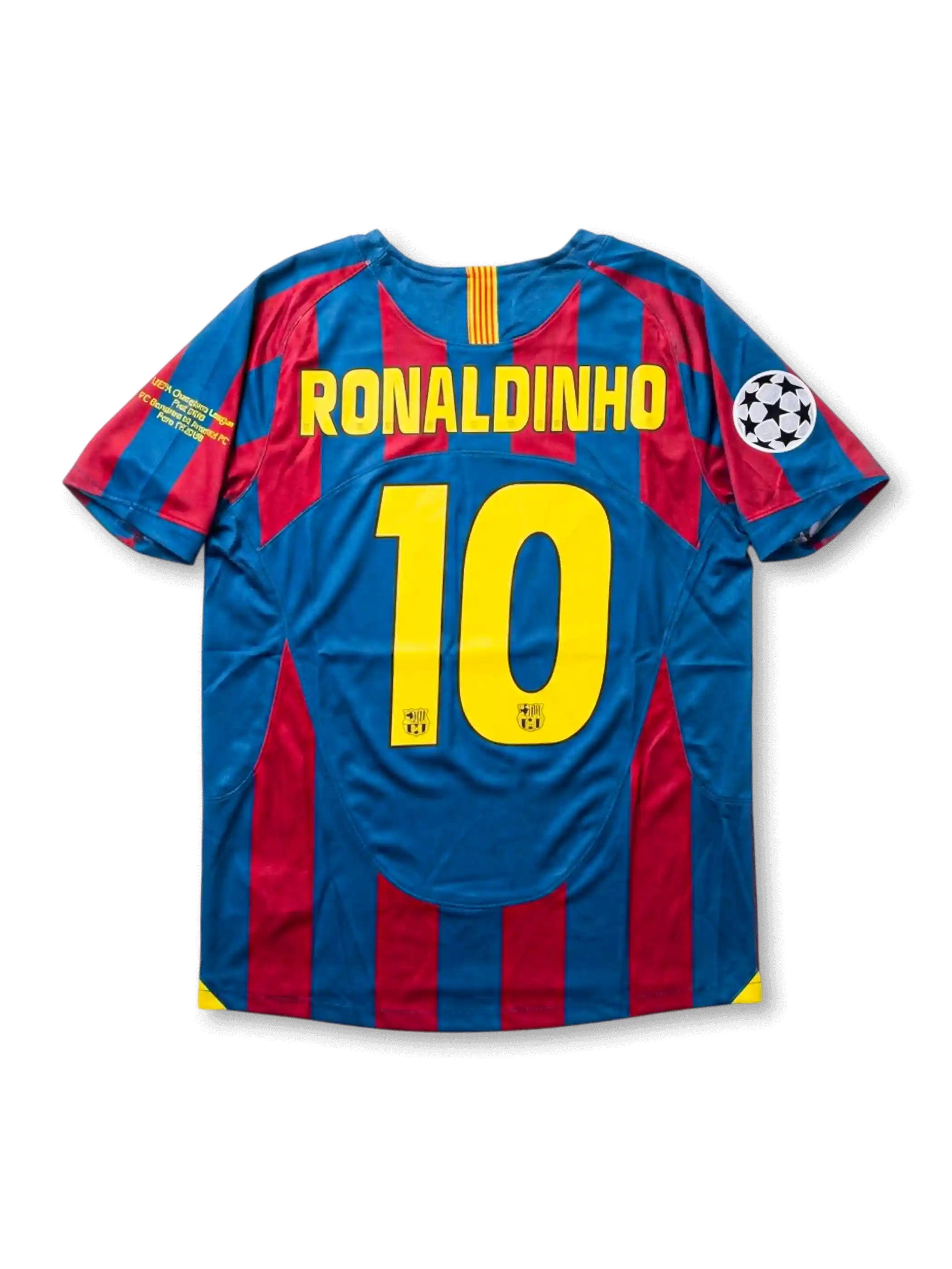 FCバルセロナ 2005-06 ホーム UEFAチャンピオンズリーグ決勝パリ仕様 ロナウジーニョ10番 フロント（ブラウグラナストライプ＋FCBエンブレム＋スターボールパッチ＋決勝刺繍）