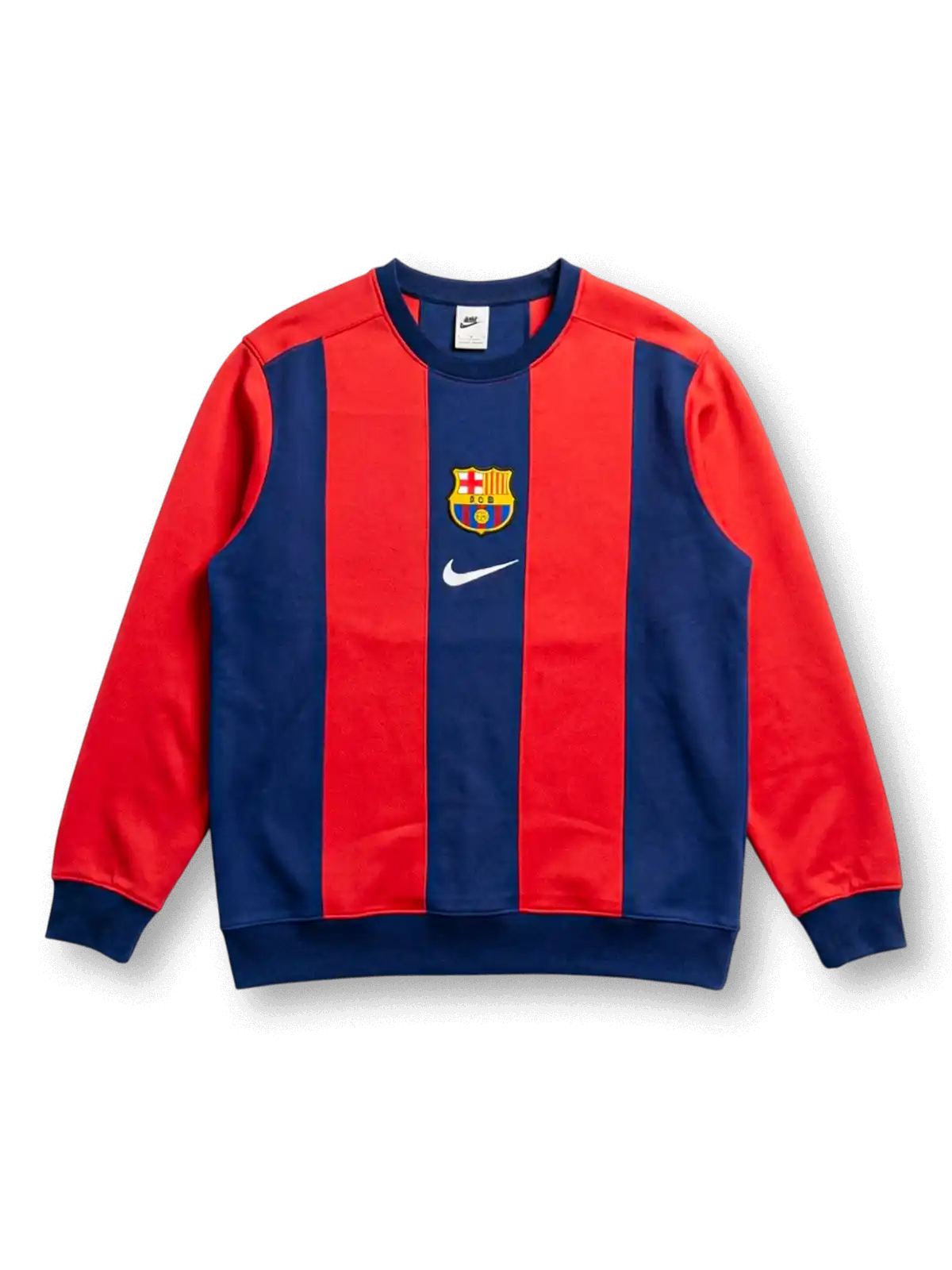 FCバルセロナ Nike Sportswear ストライプクルーネックスウェット正面、レッド×ネイビー太縦ストライプ・FCBエンブレム・Nikeスウッシュ中央配置