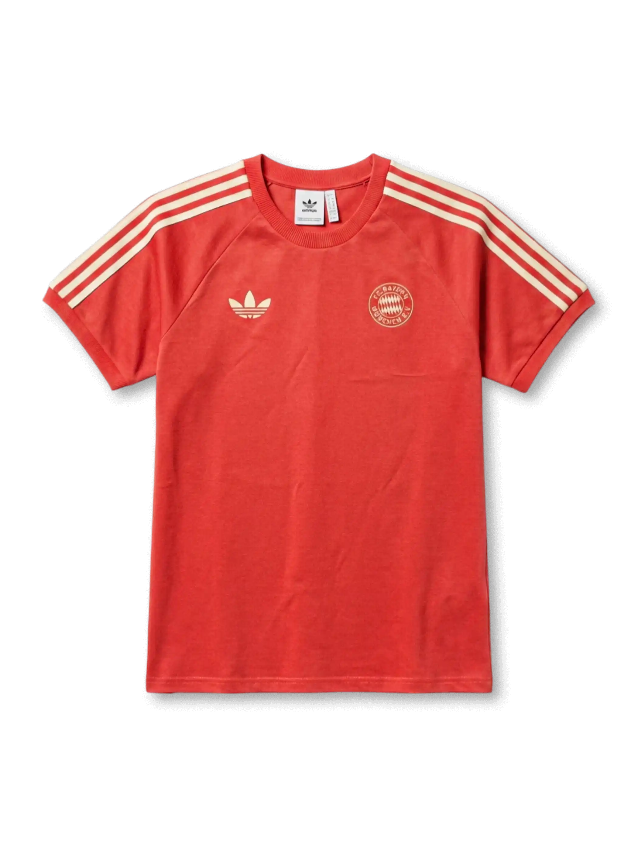 FCバイエルン・ミュンヘン×adidas Originals復刻ライフスタイルTシャツ正面、バイエルンレッド×クリームホワイト3本ストライプ袖・ヴィンテージ丸型エンブレム・背面BAYERN MÜNCHENアーチテキスト