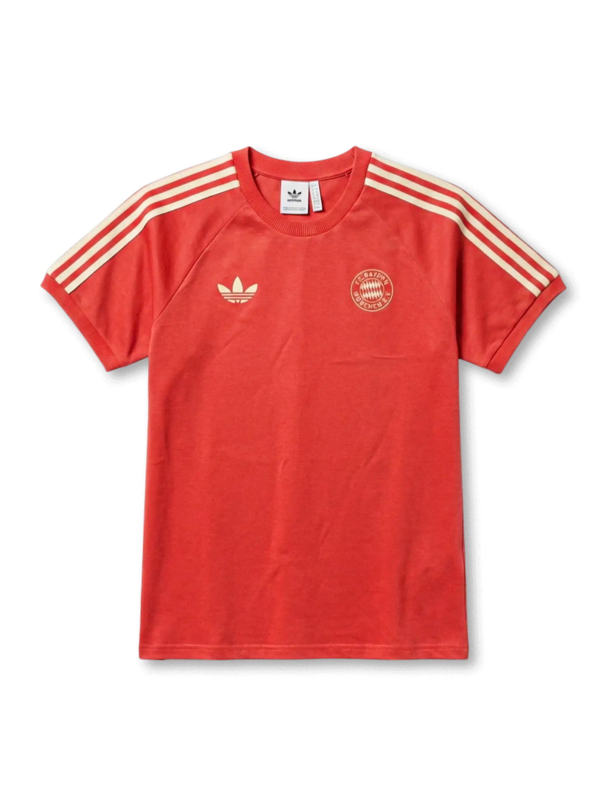 FCバイエルン・ミュンヘン×adidas Originals復刻ライフスタイルTシャツ正面、バイエルンレッド×クリームホワイト3本ストライプ袖・ヴィンテージ丸型エンブレム・背面BAYERN MÜNCHENアーチテキスト