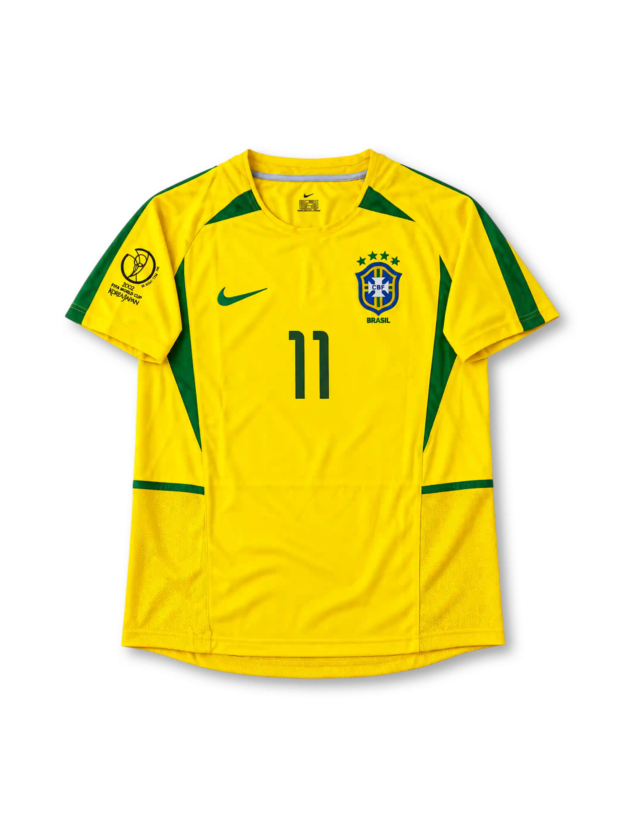 2002年日韓FIFAワールドカップ ブラジル代表ホームユニフォーム ロナウジーニョ11番 Nike製イエロー×グリーンのサッカージャージ