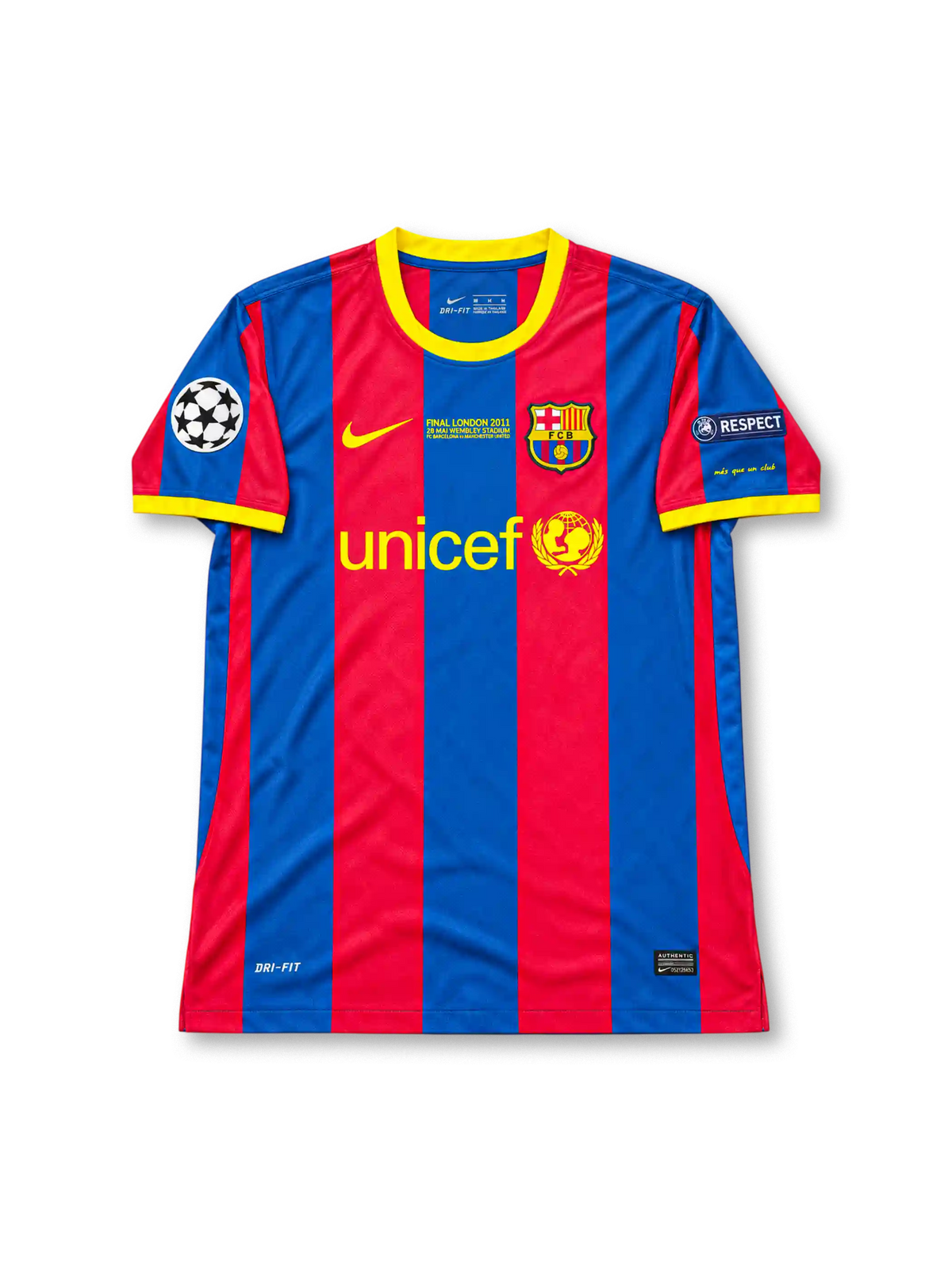FCバルセロナ 2010/11シーズン UEFAチャンピオンズリーグ決勝ロンドン大会 ホームユニフォーム メッシ10番 Nike製レッド×ブルーの縦ストライプ イエローの襟とUNICEFロゴ入りサッカージャージ