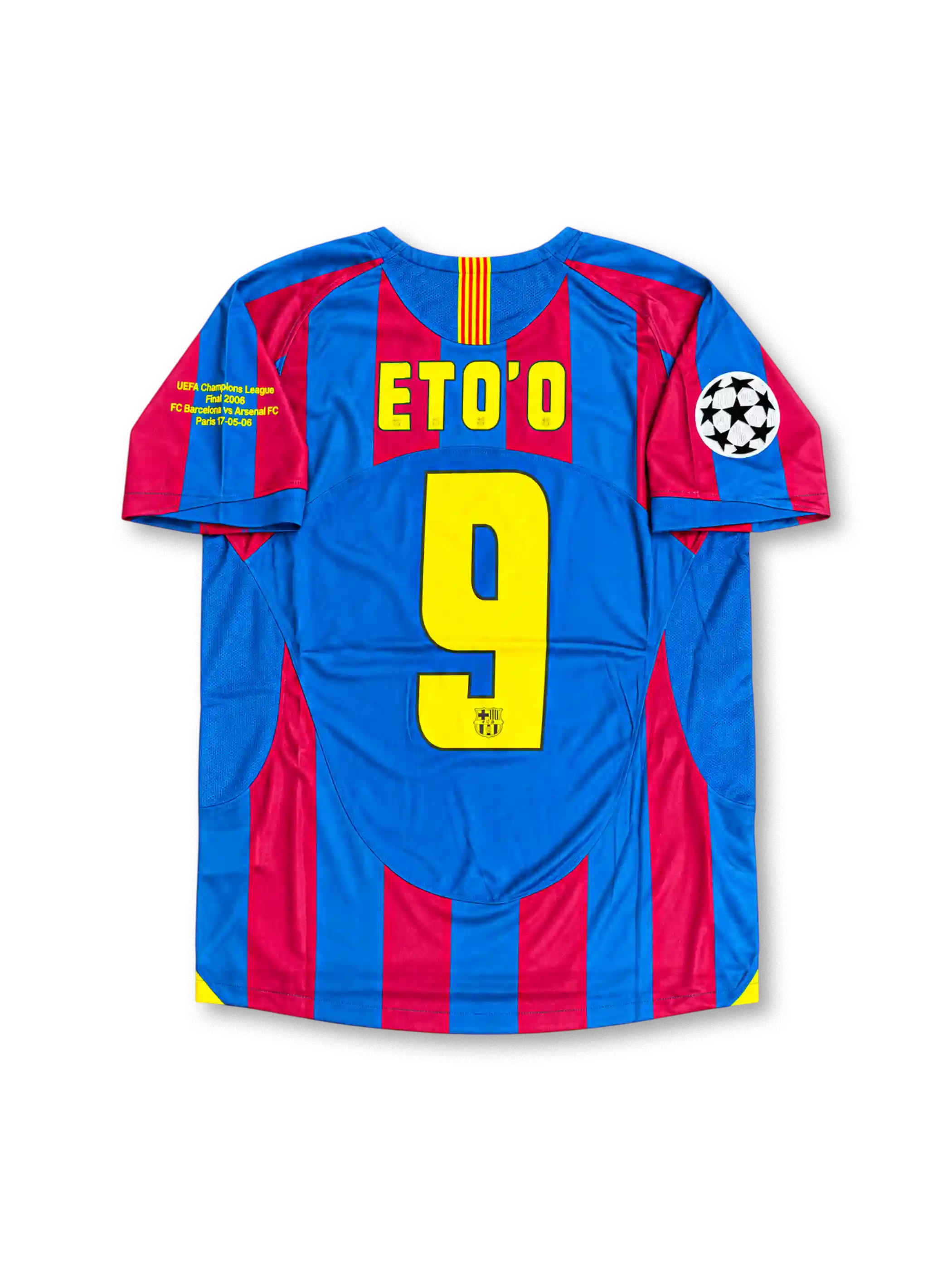 FCバルセロナ 2005/06シーズン UEFAチャンピオンズリーグ決勝パリ大会 ホームユニフォーム レプリカモデル エトー9番 Nike製ブルー×レッドの縦ストライプを配したサッカージャージ
