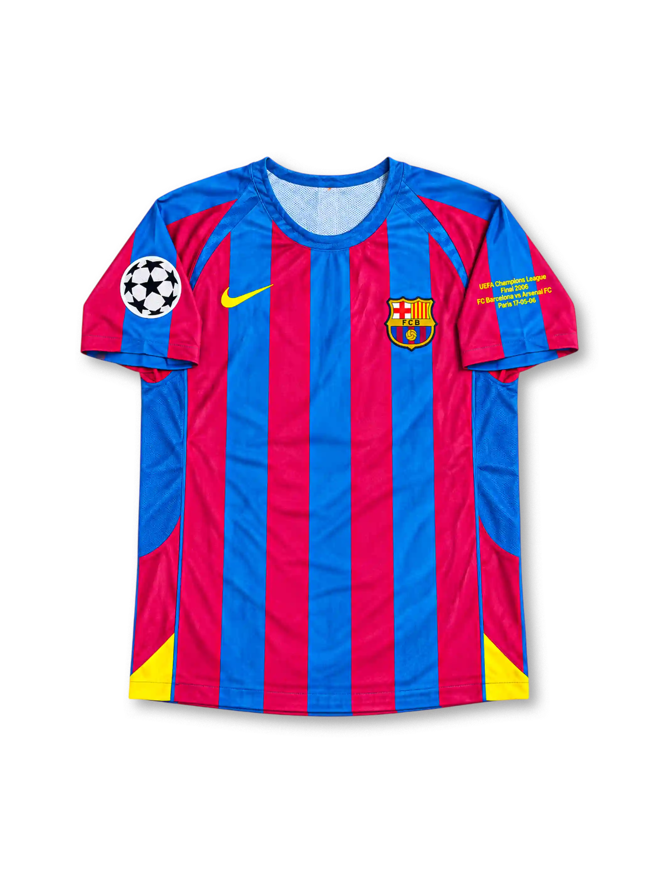 FCバルセロナ 2005/06シーズン UEFAチャンピオンズリーグ決勝パリ大会 ホームユニフォーム レプリカモデル エトー9番 Nike製ブルー×レッドの縦ストライプを配したサッカージャージ