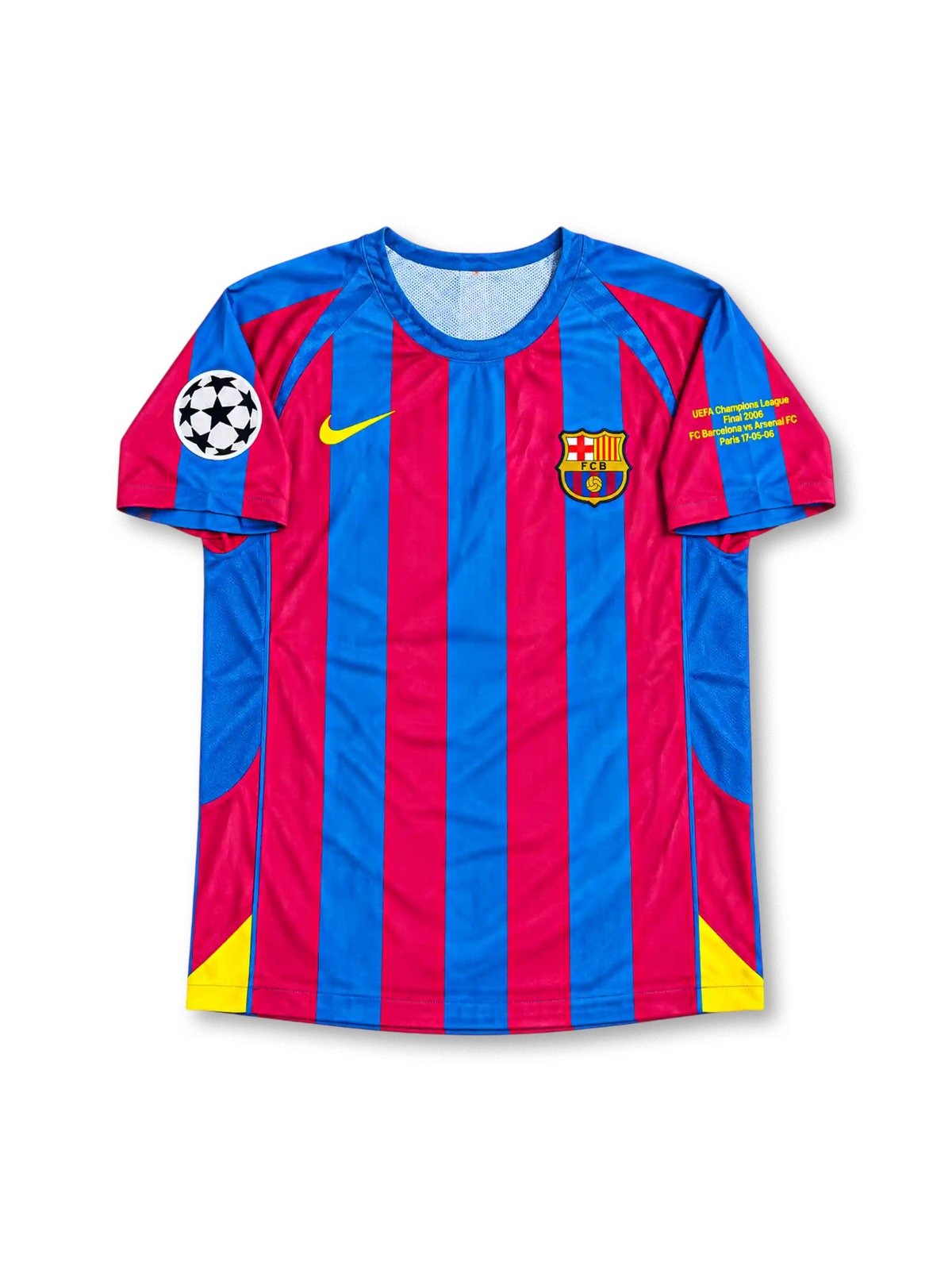 FCバルセロナ 2005/06シーズン UEFAチャンピオンズリーグ決勝パリ大会 ホームユニフォーム レプリカモデル エトー9番 Nike製ブルー×レッドの縦ストライプを配したサッカージャージ