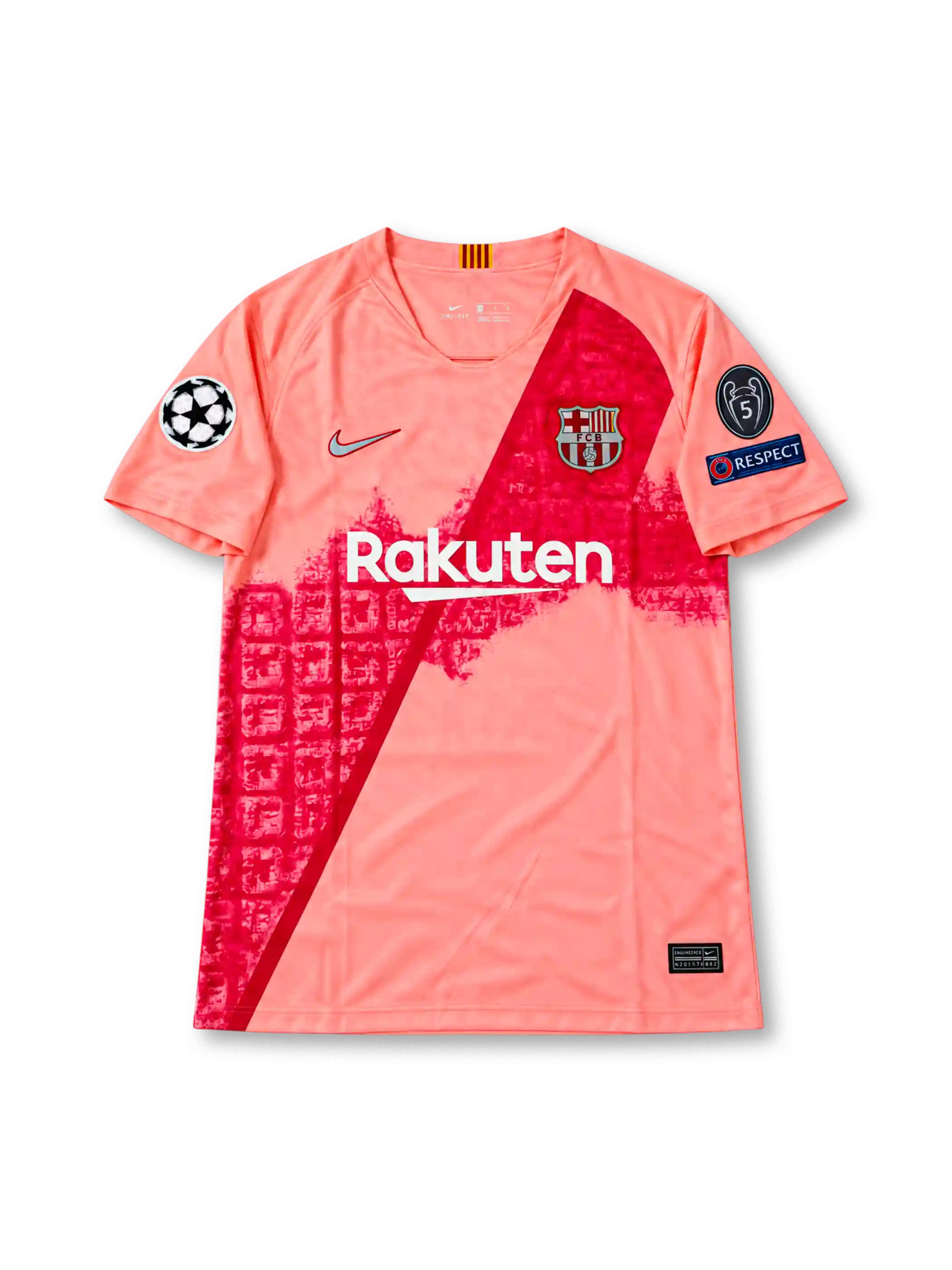 FCバルセロナ 2018-19シーズン サードユニフォーム リオネル・メッシ10番 Nike製 コーラルピンクのボディにダークレッドの斜めラインと都市の街並みをモチーフにしたグラフィック、Rakutenスポンサーロゴ、クラブエンブレム、UEFAチャンピオンズリーグの袖章、背面にMESSIのネームと10番を配したレトロサッカージャージ