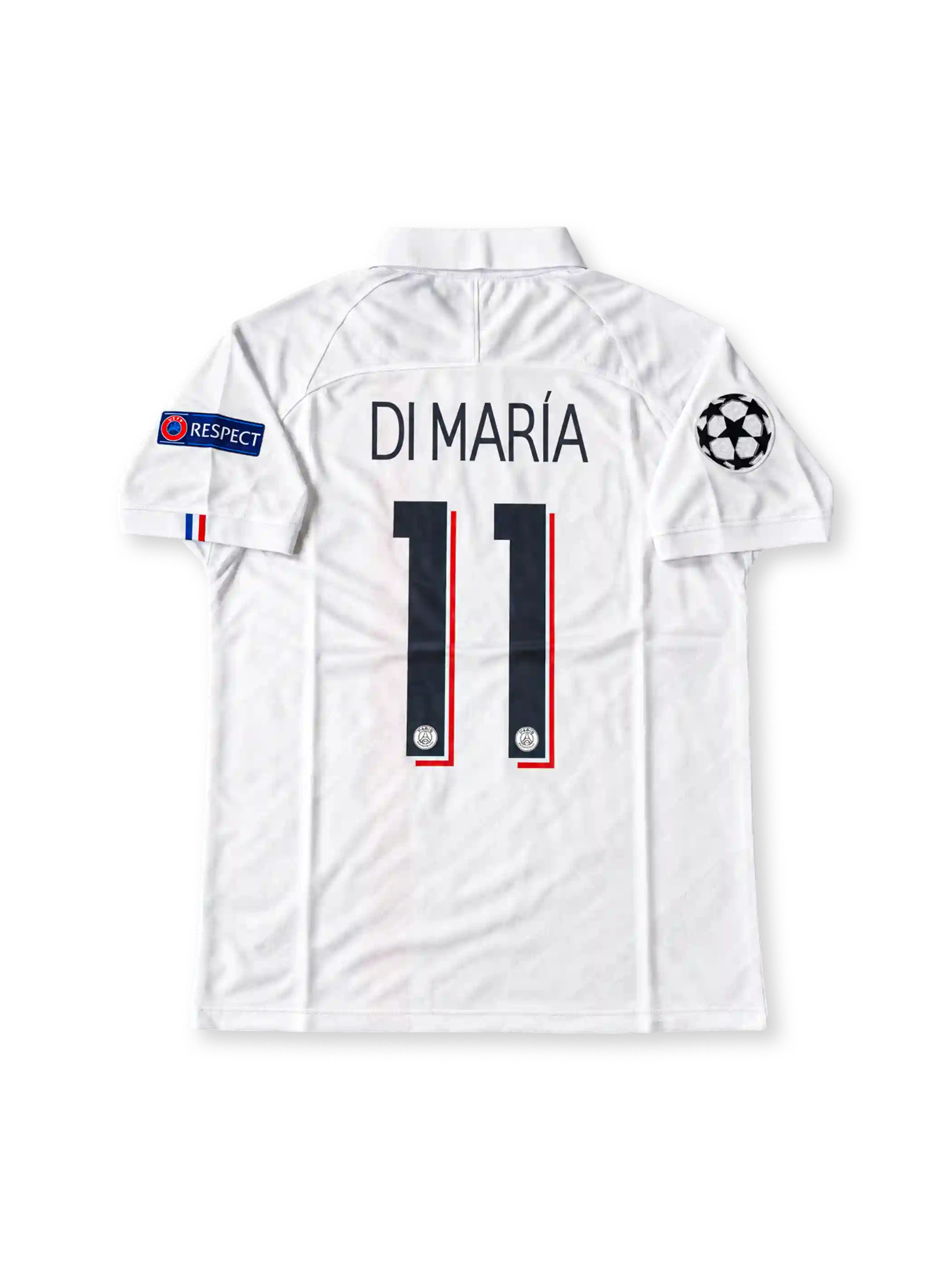 パリ・サンジェルマン 2019/20 サードユニフォーム 白のポロカラーに赤とネイビーの縦ライン チャンピオンズリーグパッチ付き ディ・マリア背番号11
