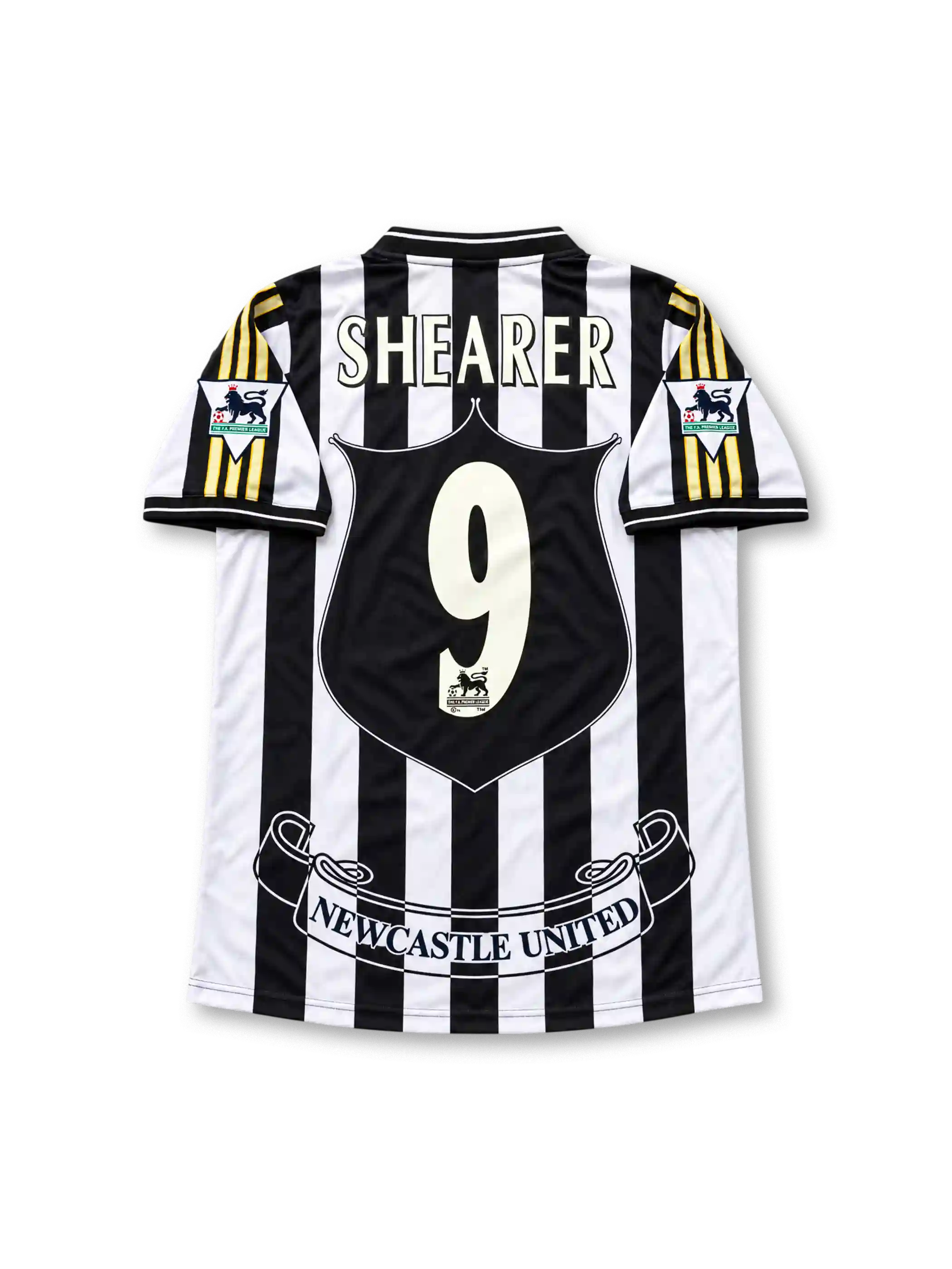 1997-99 ニューカッスル・ユナイテッド ホームユニフォーム シアラー9番 白黒ストライプ Newcastle Brown Ale adidas