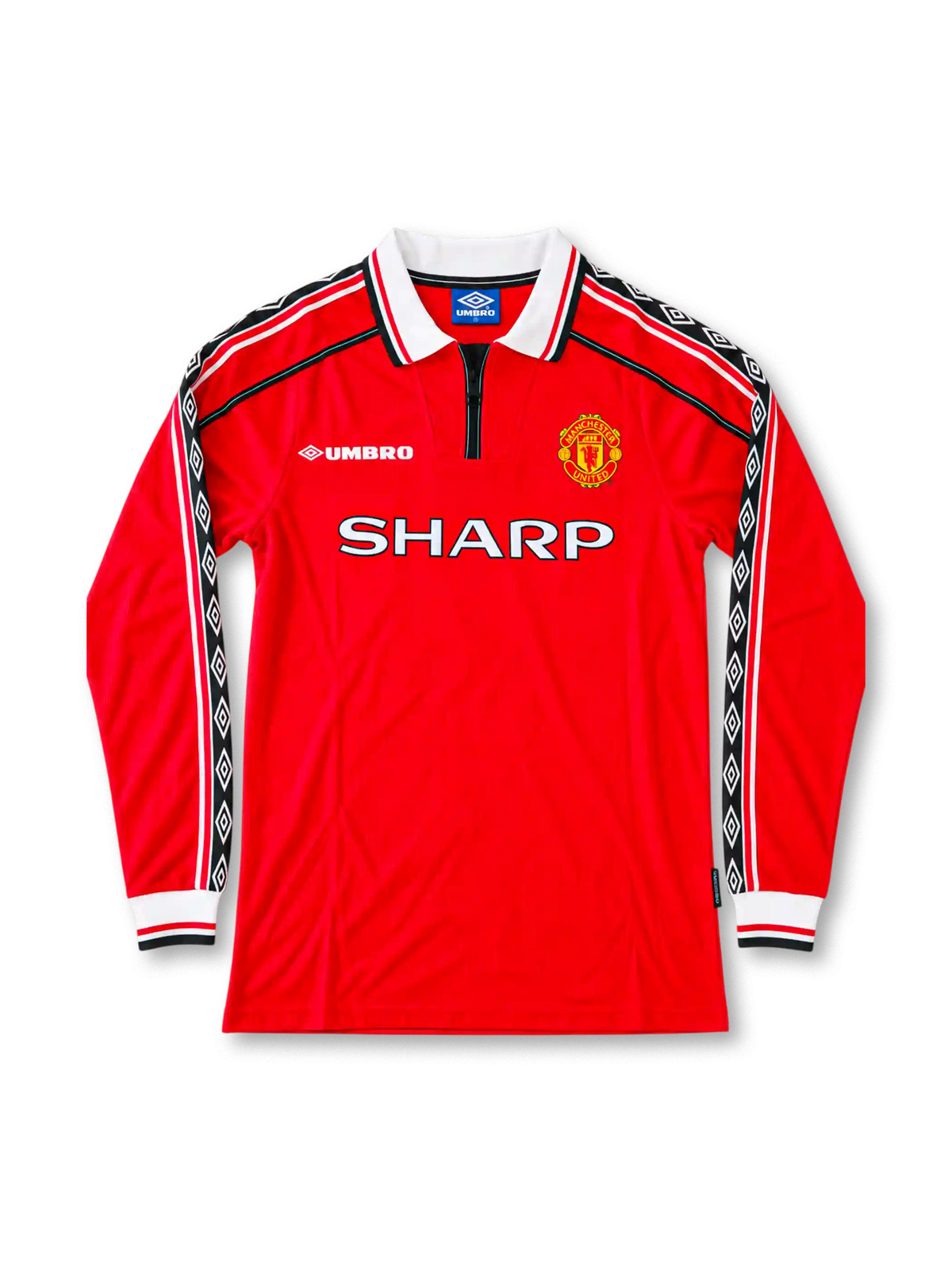 マンチェスター・ユナイテッド 1998/00 ホームユニフォーム 長袖 赤に白のジップ付きポロカラー SHARPロゴ ベッカム背番号7