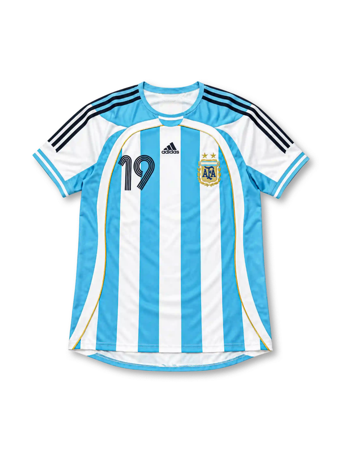 アルゼンチン代表 2006 ホームユニフォーム スカイブルーと白の縦縞 金色のパイピング メッシ背番号19
