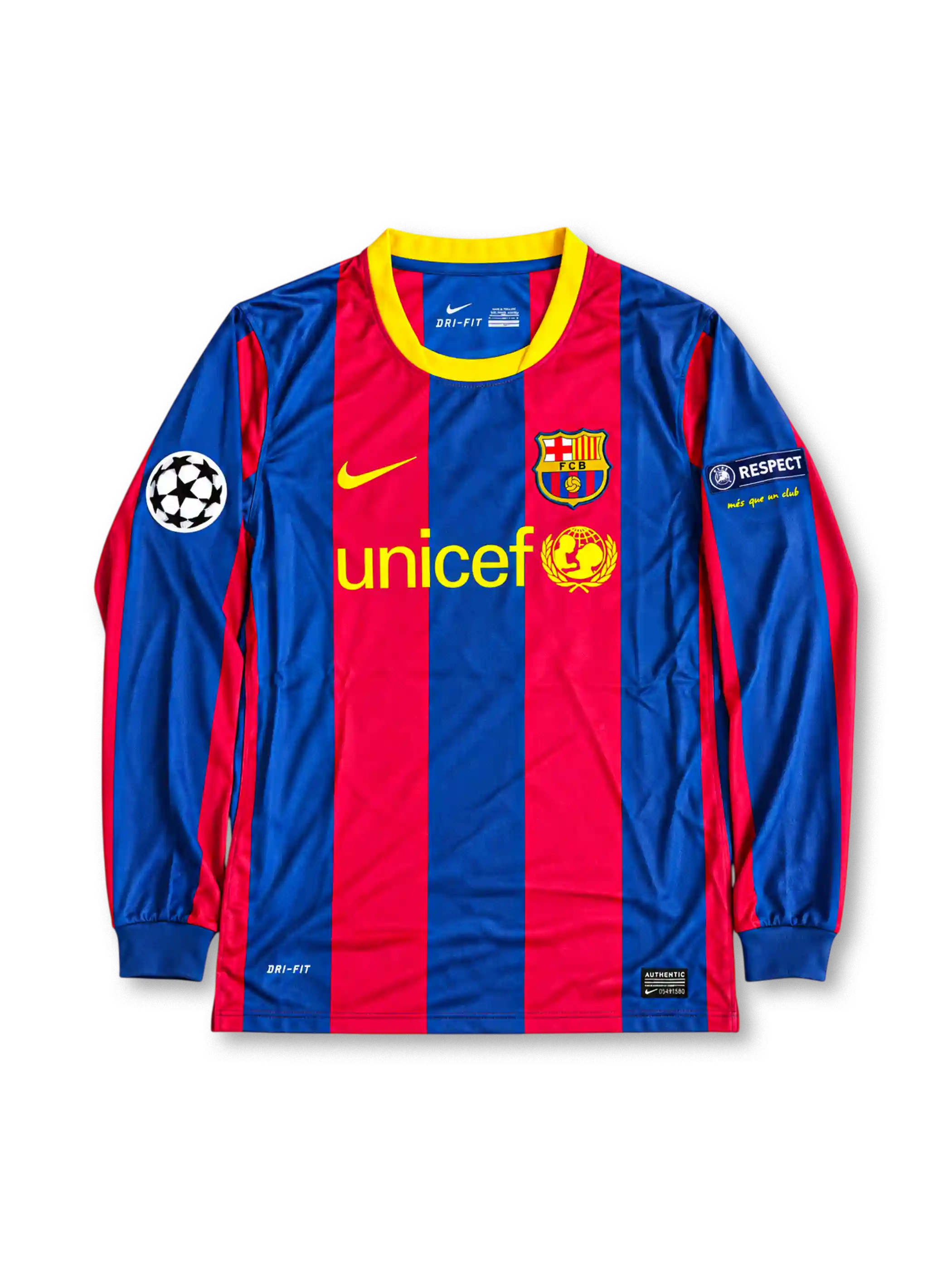 FCバルセロナ 2010/11 ホームユニフォーム 長袖 青とえんじの縦縞 黄色の丸首 ユニセフロゴ メッシ背番号10