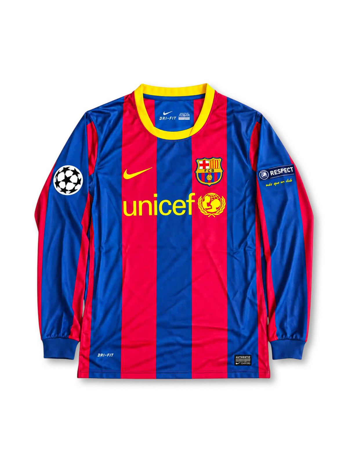 FCバルセロナ 2010/11 ホームユニフォーム 長袖 青とえんじの縦縞 黄色の丸首 ユニセフロゴ メッシ背番号10