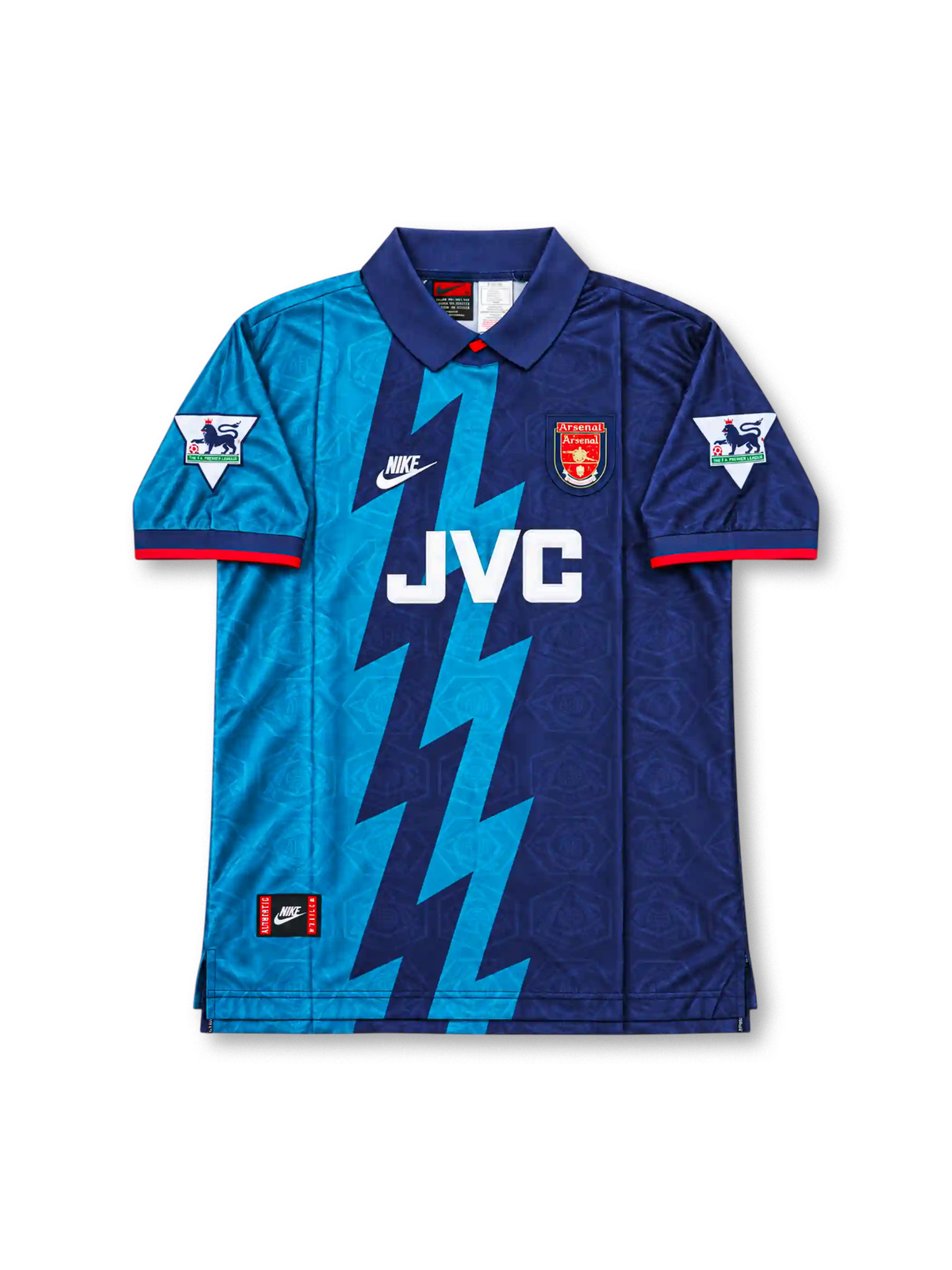 アーセナル 1995/96 アウェイユニフォーム ネイビーとブルーの稲妻デザイン JVCロゴ ベルカンプ背番号10