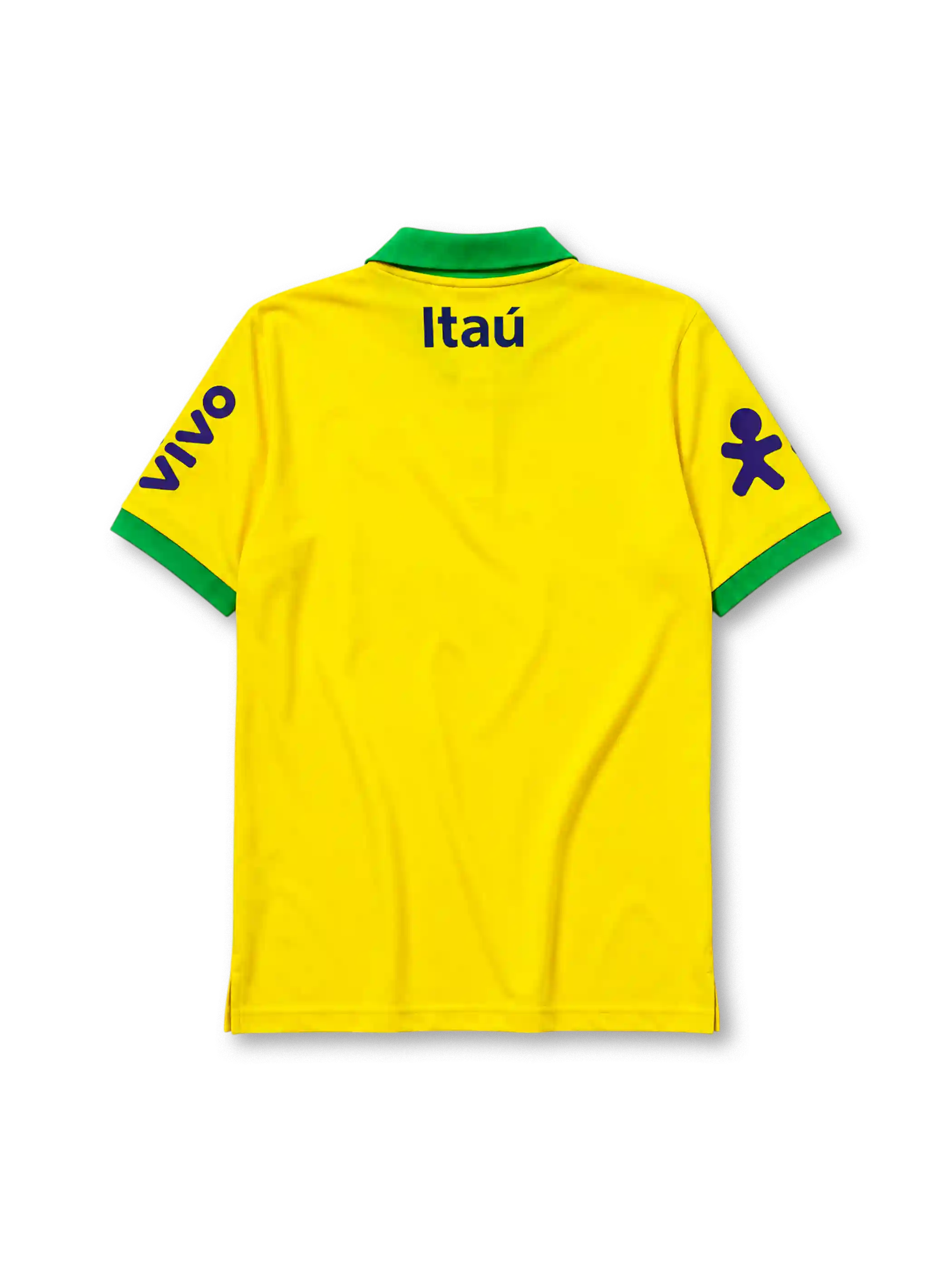 イエロー地にグリーンのポロ襟と袖口、左胸のNikeスウッシュ、右胸のCBFエンブレムとBRASILの文字、Guaranáロゴ、両肩のItaúロゴ、両袖のvivoと紫のブランドアイコンを備えたブラジル代表2022ポロシャツ正面