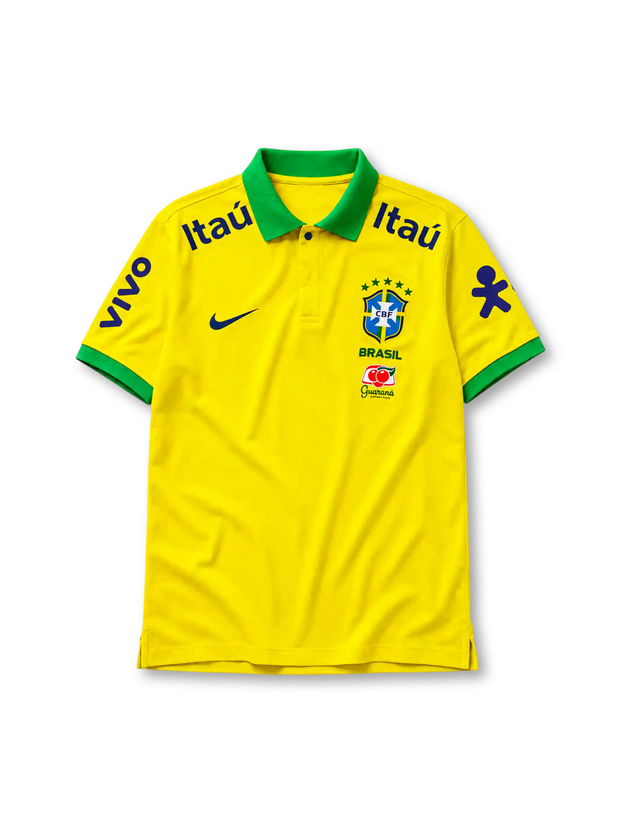 イエロー地にグリーンのポロ襟と袖口、左胸のNikeスウッシュ、右胸のCBFエンブレムとBRASILの文字、Guaranáロゴ、両肩のItaúロゴ、両袖のvivoと紫のブランドアイコンを備えたブラジル代表2022ポロシャツ正面