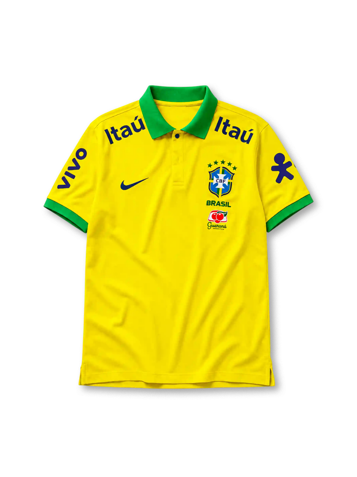 イエロー地にグリーンのポロ襟と袖口、左胸のNikeスウッシュ、右胸のCBFエンブレムとBRASILの文字、Guaranáロゴ、両肩のItaúロゴ、両袖のvivoと紫のブランドアイコンを備えたブラジル代表2022ポロシャツ正面