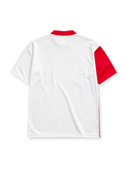 ホワイト地のトーナルジャカード柄に赤のヘンリーネック風襟、肩から裾の赤白紺縦ストライプ、右胸のレンジャーズエンブレム、中央のMcEWAN'S LAGERスポンサーロゴを備えたレンジャーズFC1996-97アウェイジャージ正面