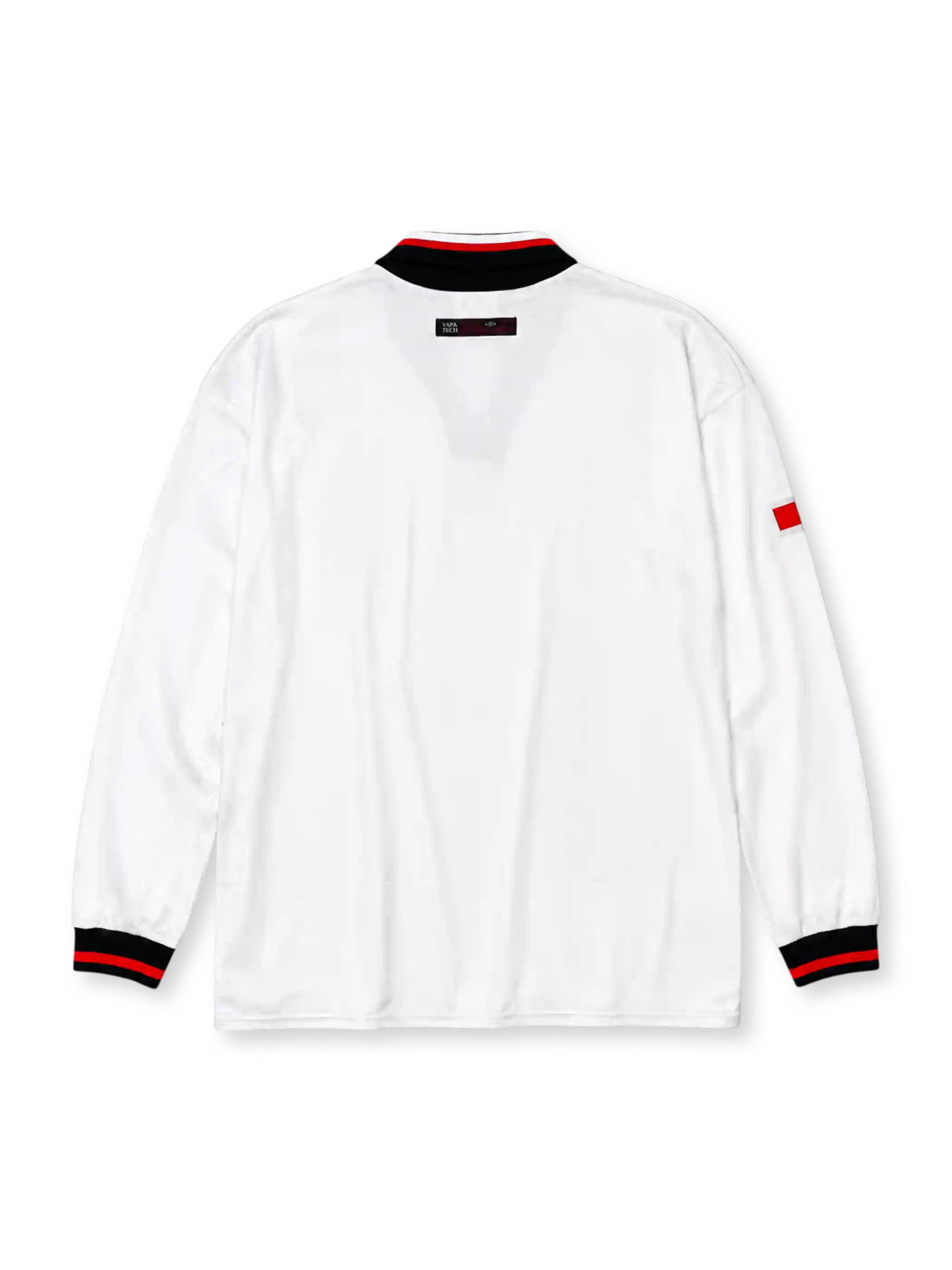 ホワイト地に黒赤ストライプヨーク、赤白トリム入り黒のVネック襟、左胸のUMBROロゴ、右胸の円形クラブエンブレム、中央のSHARP VIEWCAMスポンサーロゴを備えたマンチェスター・ユナイテッド1998-99アウェイ長袖ジャージ正面