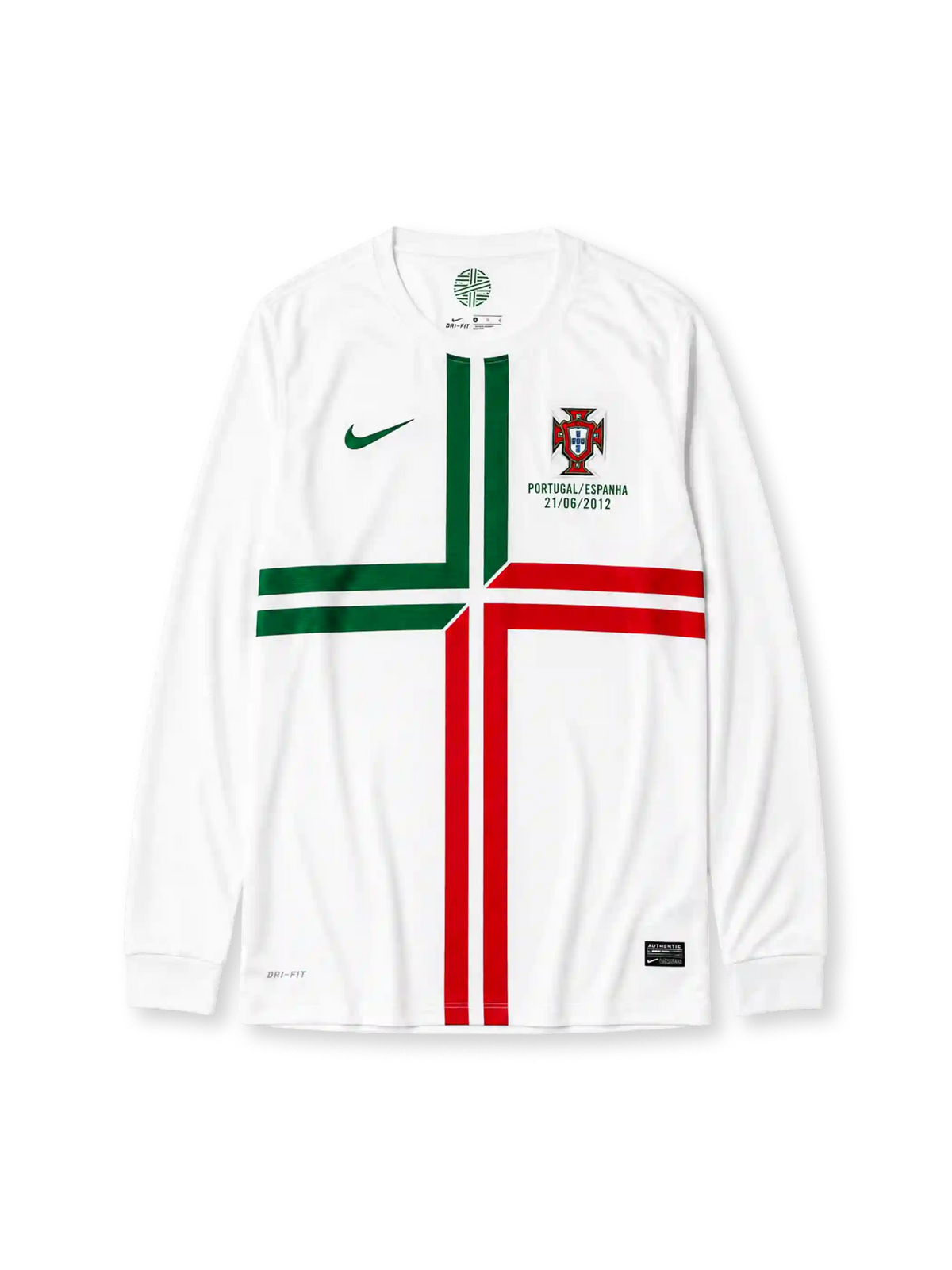 ホワイト地に緑赤の十字ライン、左胸の緑Nikeスウッシュ、右胸のポルトガルエンブレムとPORTUGAL/ESPANHA 27/06/2012の試合記念刺繍を備えたポルトガル代表EURO2012準決勝アウェイ長袖ジャージ正面