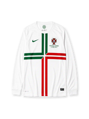 ホワイト地に緑赤の十字ライン、左胸の緑Nikeスウッシュ、右胸のポルトガルエンブレムとPORTUGAL/ESPANHA 27/06/2012の試合記念刺繍を備えたポルトガル代表EURO2012準決勝アウェイ長袖ジャージ正面