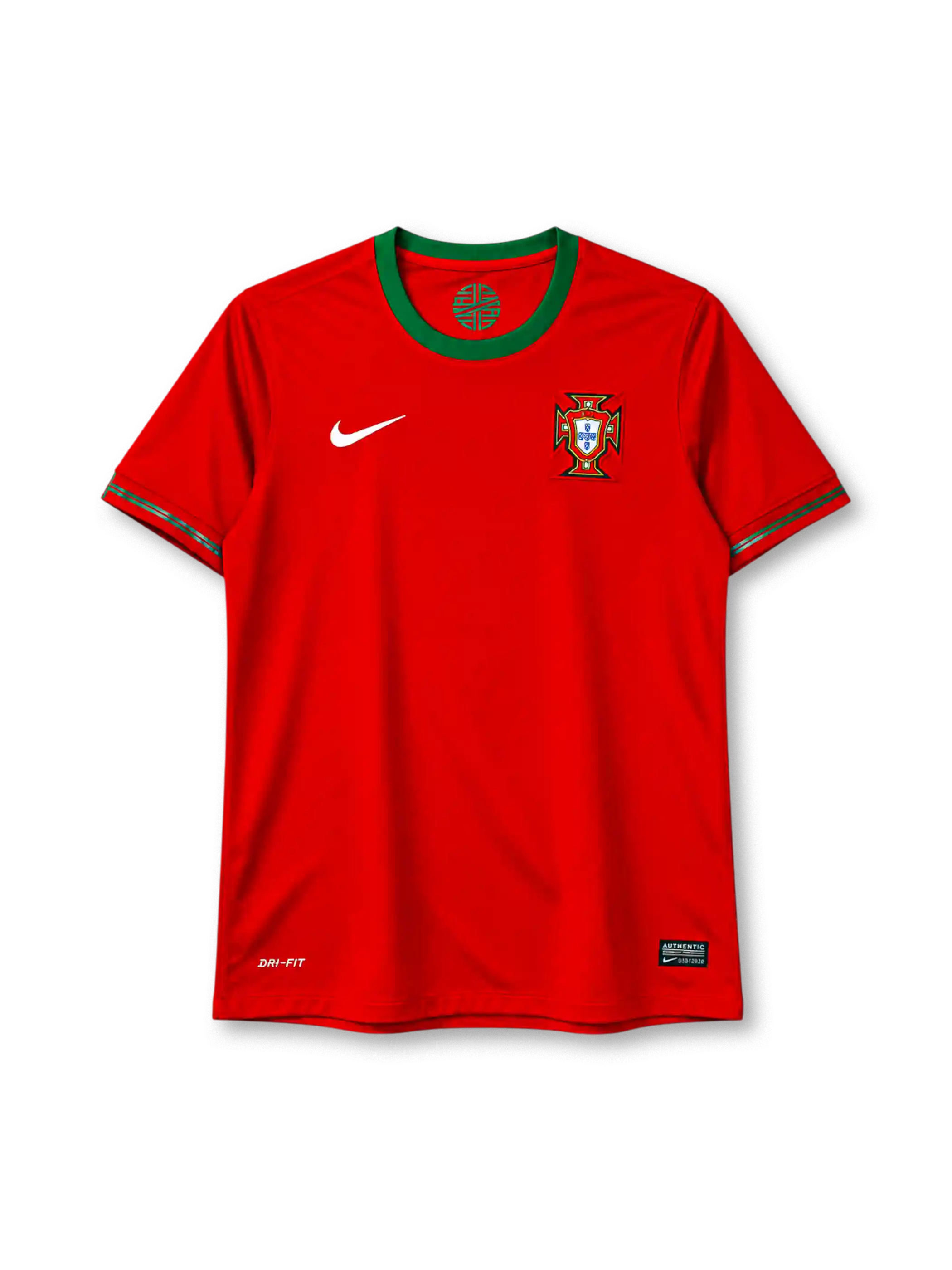 2012年ポルトガル代表ホームユニフォーム。赤を基調にグリーンカラーと袖口ラインを配したNike製サッカージャージ。