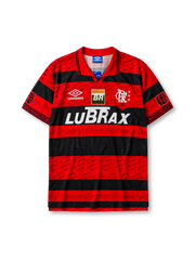レッドとブラックのホリズンタルストライプにブラックのポロ襟、胸元のUMBROロゴ、BR（ペトロブラス）スポンサーロゴ、LUBRAXスポンサーロゴ、右胸のフラメンゴクラブエンブレムを備えたフラメンゴ1995年ホームジャージ正面

