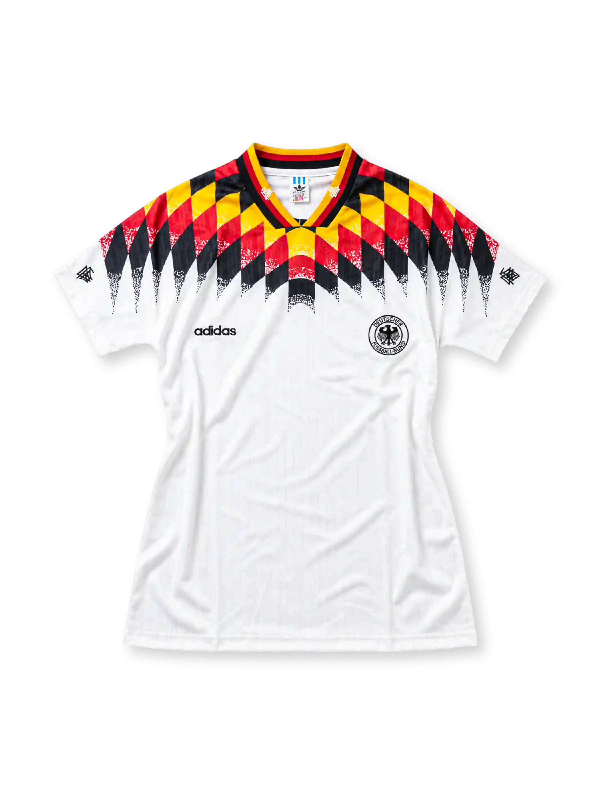 ドイツ代表 1994 ホーム ユニフォーム 白に黒赤金のひし形グラフィック DFBエンブレム入り