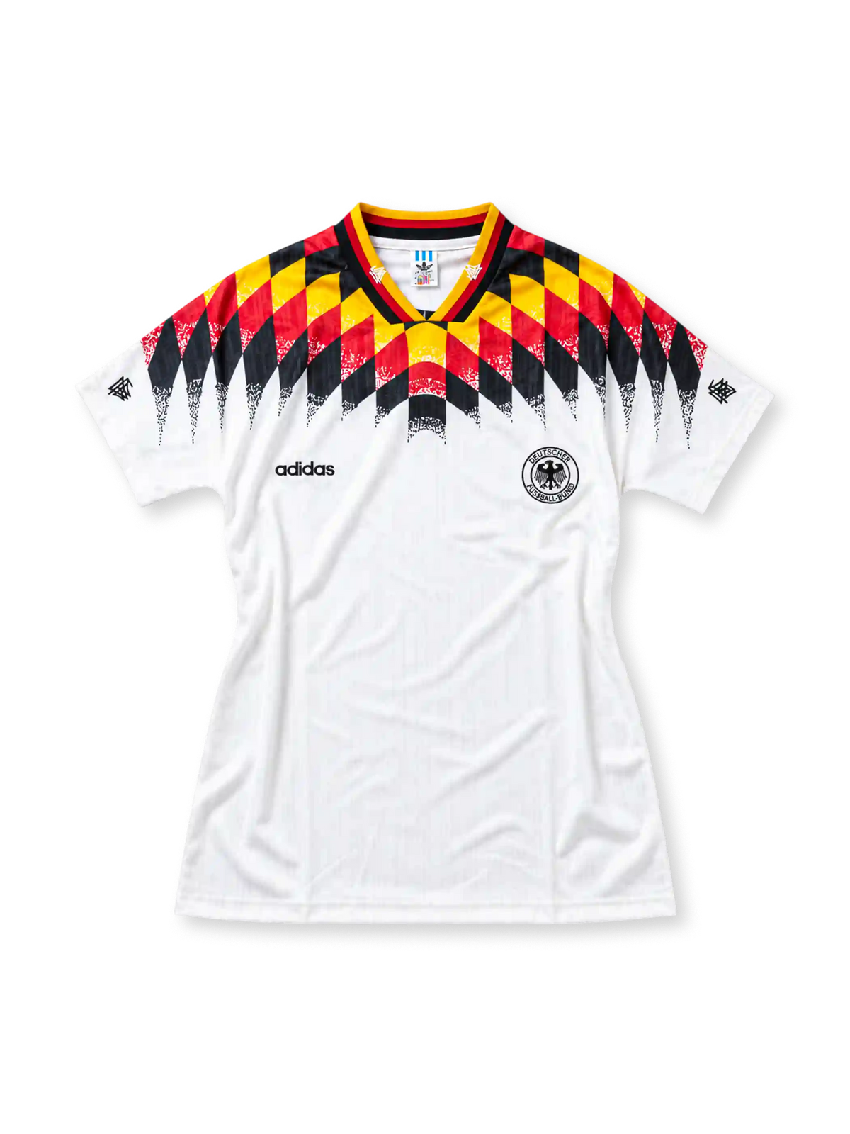 ドイツ代表 1994 ホーム ユニフォーム 白に黒赤金のひし形グラフィック DFBエンブレム入り