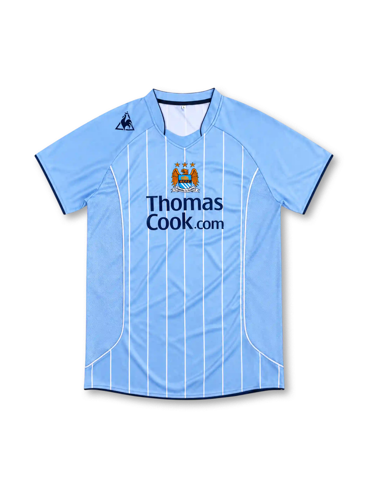 マンチェスター・シティ 2007-08 ホーム ユニフォーム スカイブルー 白ピンストライプ Thomas Cook.com ル・コック・スポルティフ