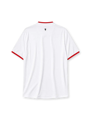 ホワイトベースにレッドの襟トリムとボタンプラケット、左胸の黒Nikeスウォッシュロゴ、右胸のマンチェスター・ユナイテッドクラブエンブレム、中央の黒AONスポンサーロゴを備えたマンチェスター・ユナイテッド2012/13アウェイジャージ正面