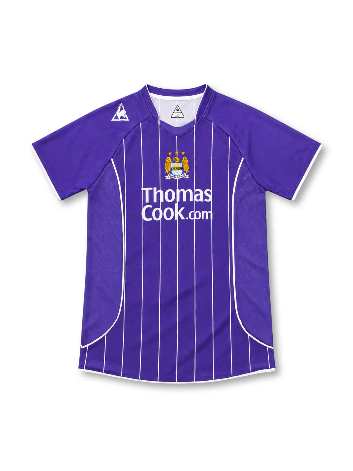 マンチェスター・シティ 2007-08 アウェイ ユニフォーム パープル 白ピンストライプ Thomas Cook.com ル・コック・スポルティフ